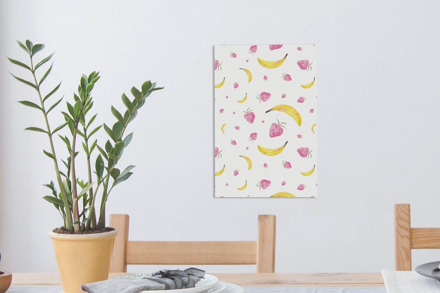 20x30 (1 Zackenaufhänger, - - cm inkl. Gemälde, OneMillionCanvasses® Aquarell, bespannt fertig St), Leinwandbild Erdbeere Leinwandbild Banane