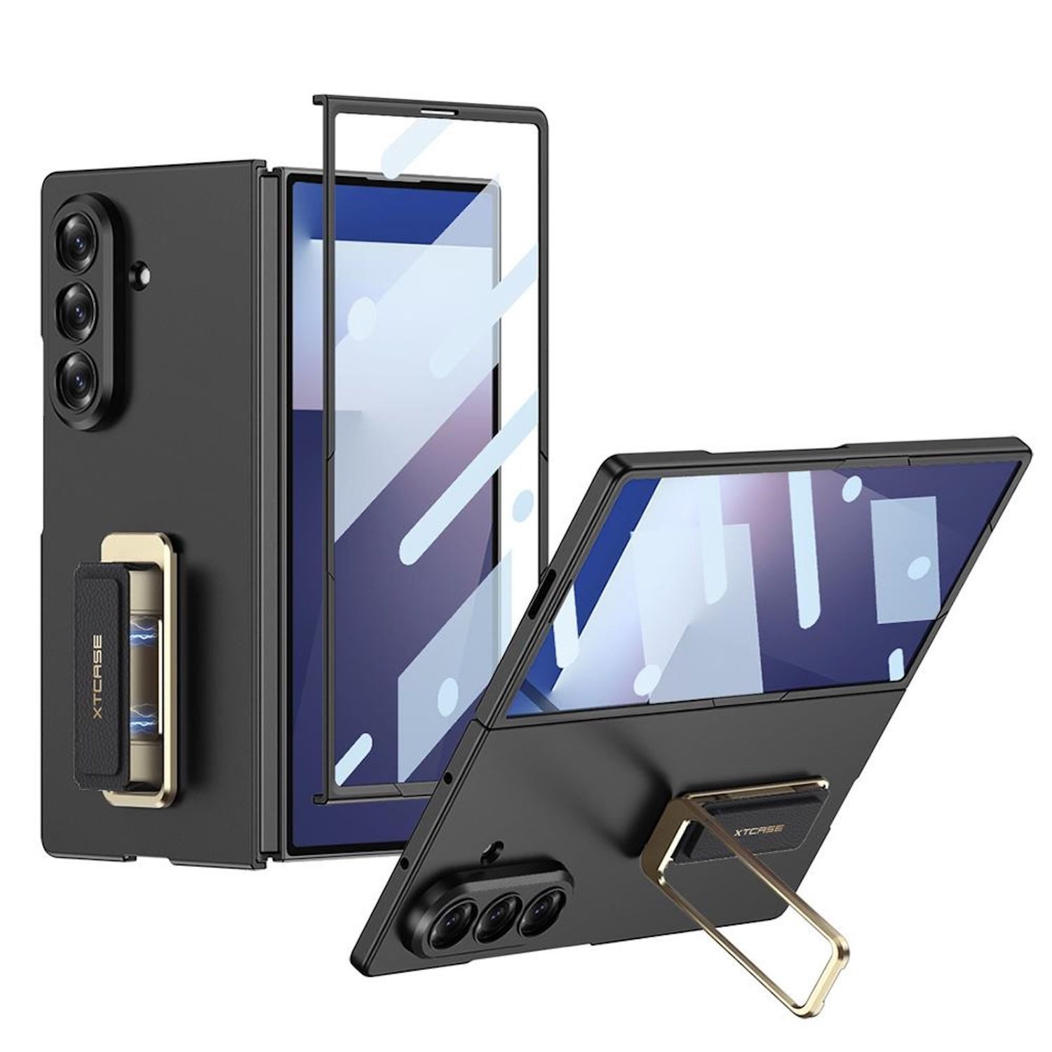 Wigento Handyhülle Für Samsung Galaxy Z Fold7 GKK Ultra Dünne Hülle Drehständer Schwarz, Full Cover Hülle mit integriertem Drehständer