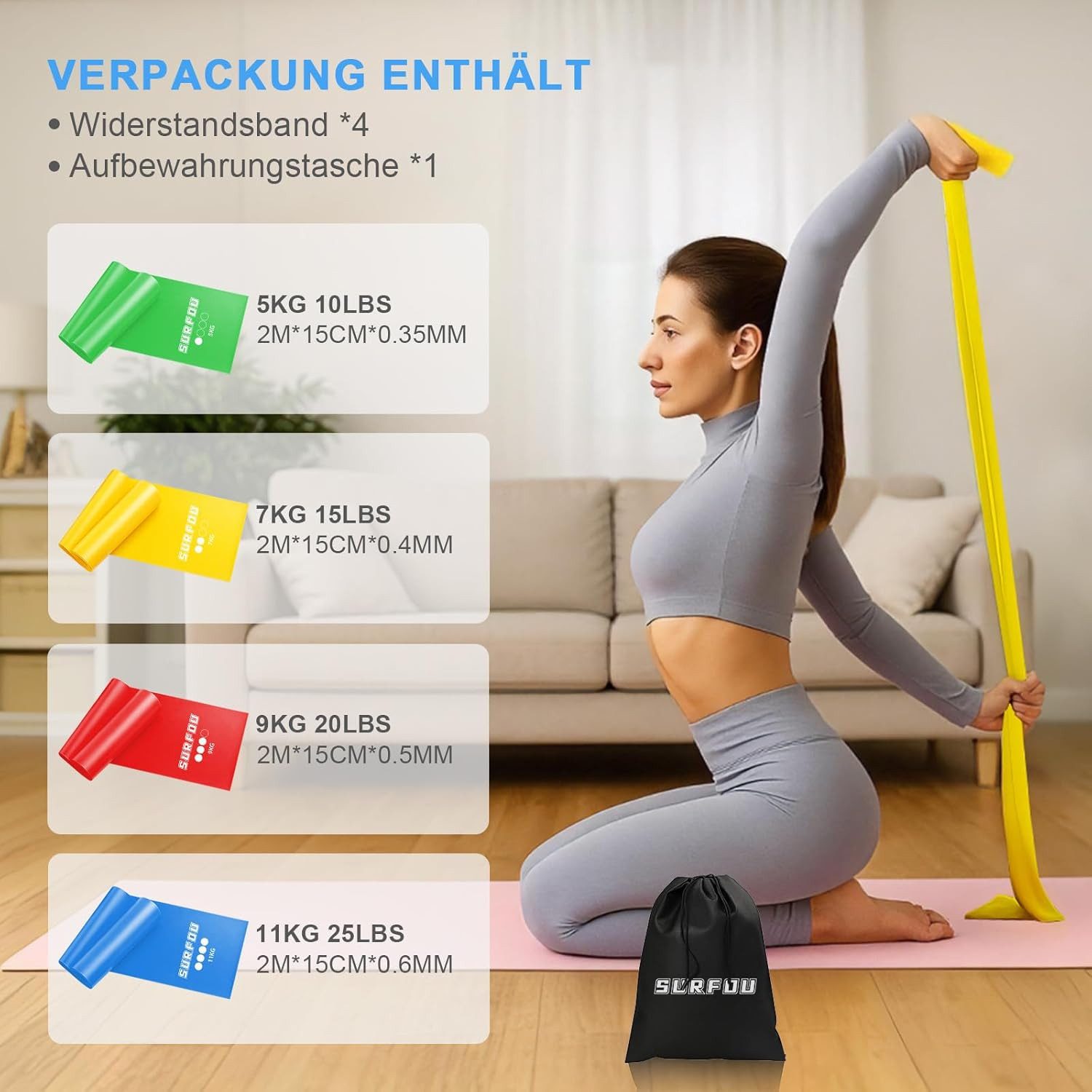 SURFOU Trainingsbänder Widerstandsbänder Set – 4 Stärken, für Krafttraining, Yoga und Dehnung