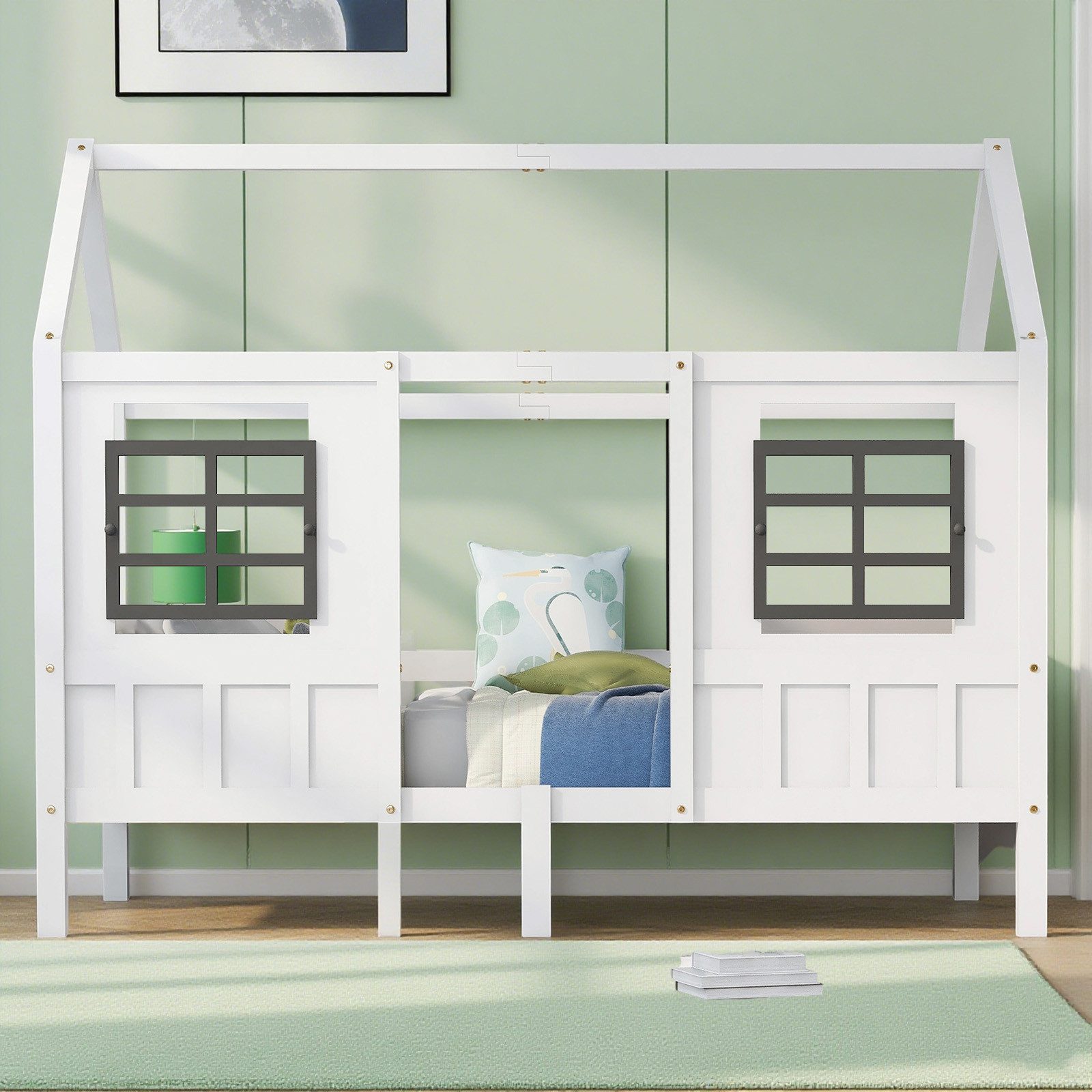 MODFU Bett mit Fenstern für Kinder (Holzbett aus Kiefer und MDF, Einzelbett 90x200 cm), Ohne Matratze