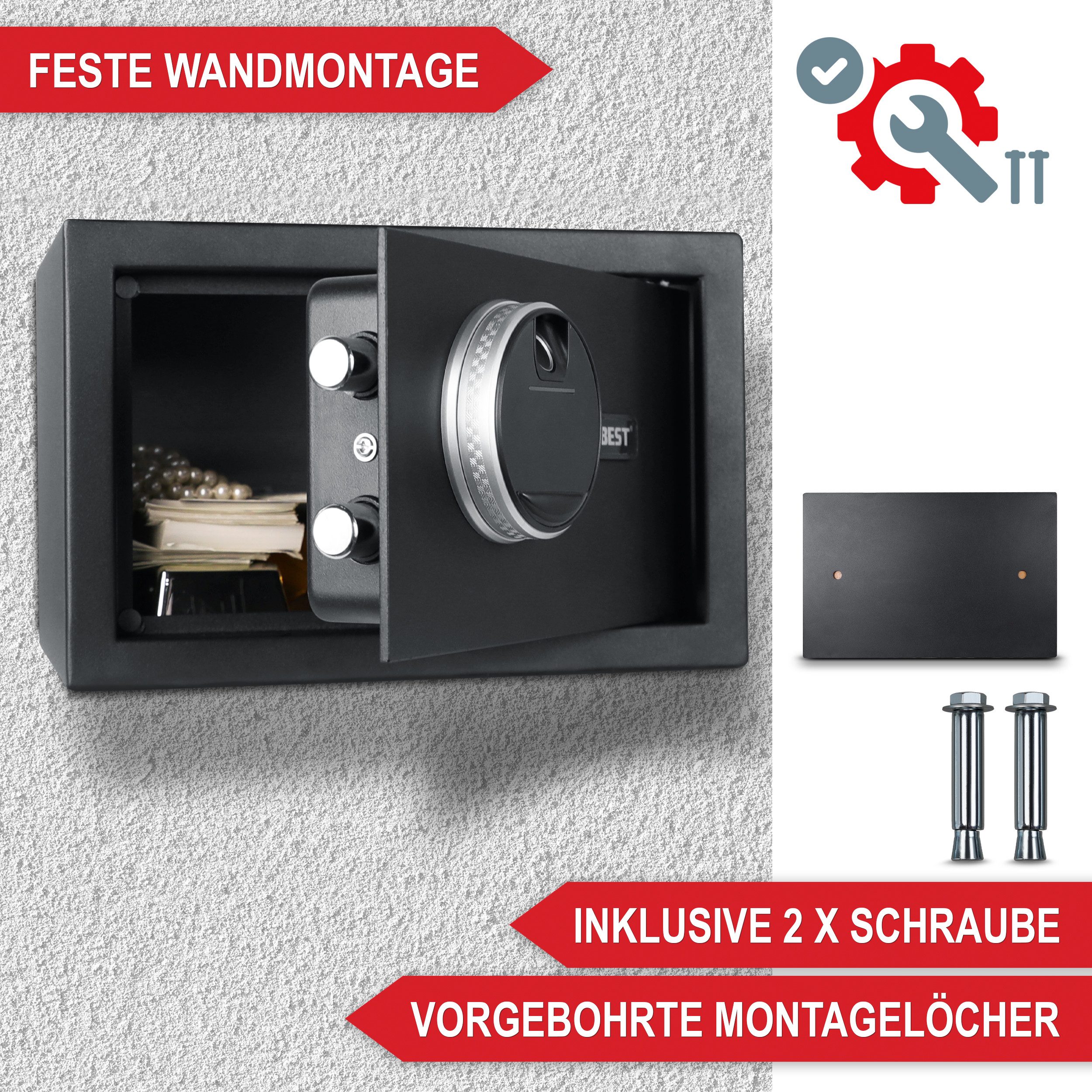 Onbest Möbeltresor Premium mit Fingerabdruck-Sensor, Wasserfest, mit viel Zubehör, 4mm Stahl