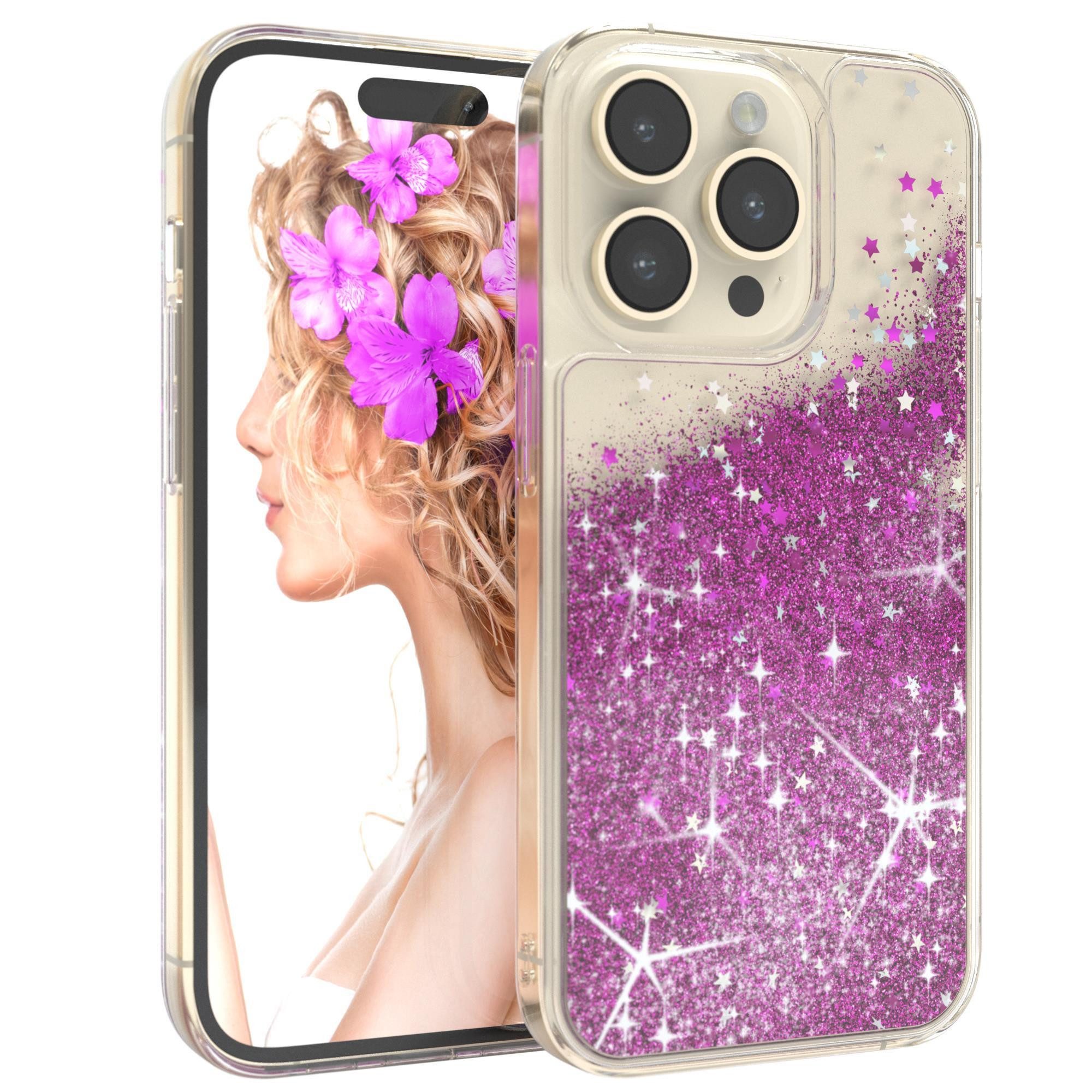 EAZY CASE Handyhülle Liquid Glittery Case für Apple iPhone 14 Pro 6,1 Zoll, Bumper Case Back Cover Glitter Glossy Handyhülle Etui Violett Lila