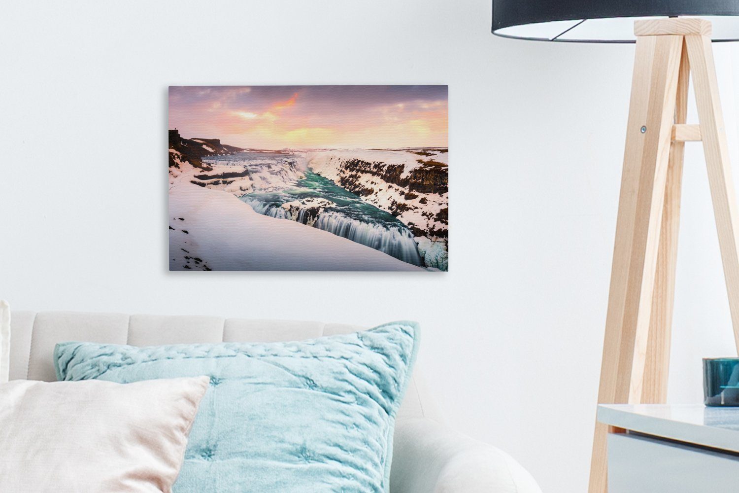 Leinwandbild Gullfoss-Wasserfall 30x20 Wanddeko, OneMillionCanvasses® Eisbildung Leinwandbilder, cm (1 St), Aufhängefertig, in Island, Wandbild am