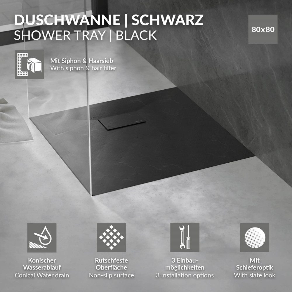 LuxeBath Duschwanne Duschtasse Brausetasse mit Ablaufgarnitur und Anti-Rutsch-Oberfläche, Quadratische Brausewanne 80x80cm mit Siphon Höhe 30 mm extra flache