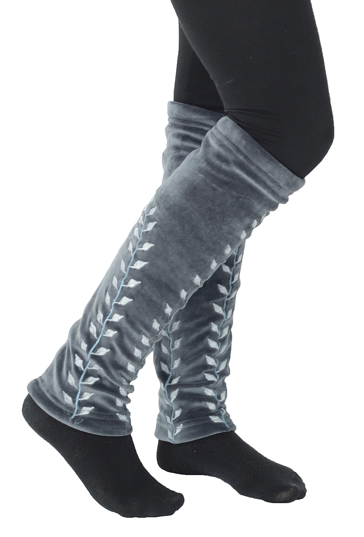 PUREWONDER Beinstulpen Beinstulpen aus Samt, Stulpen mit Blätter-Ranken LW14 Grau (1 Paar) Einheitsgröße