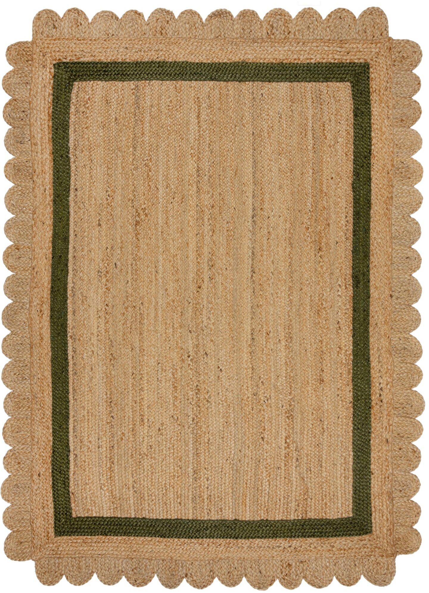 Teppich Grace, FLAIR RUGS, rechteckig, Höhe: 7 mm, aus 100% Jute, fußbodenheizungsgeeignet, mit Bordüre Grün | Kurzflor-Teppiche