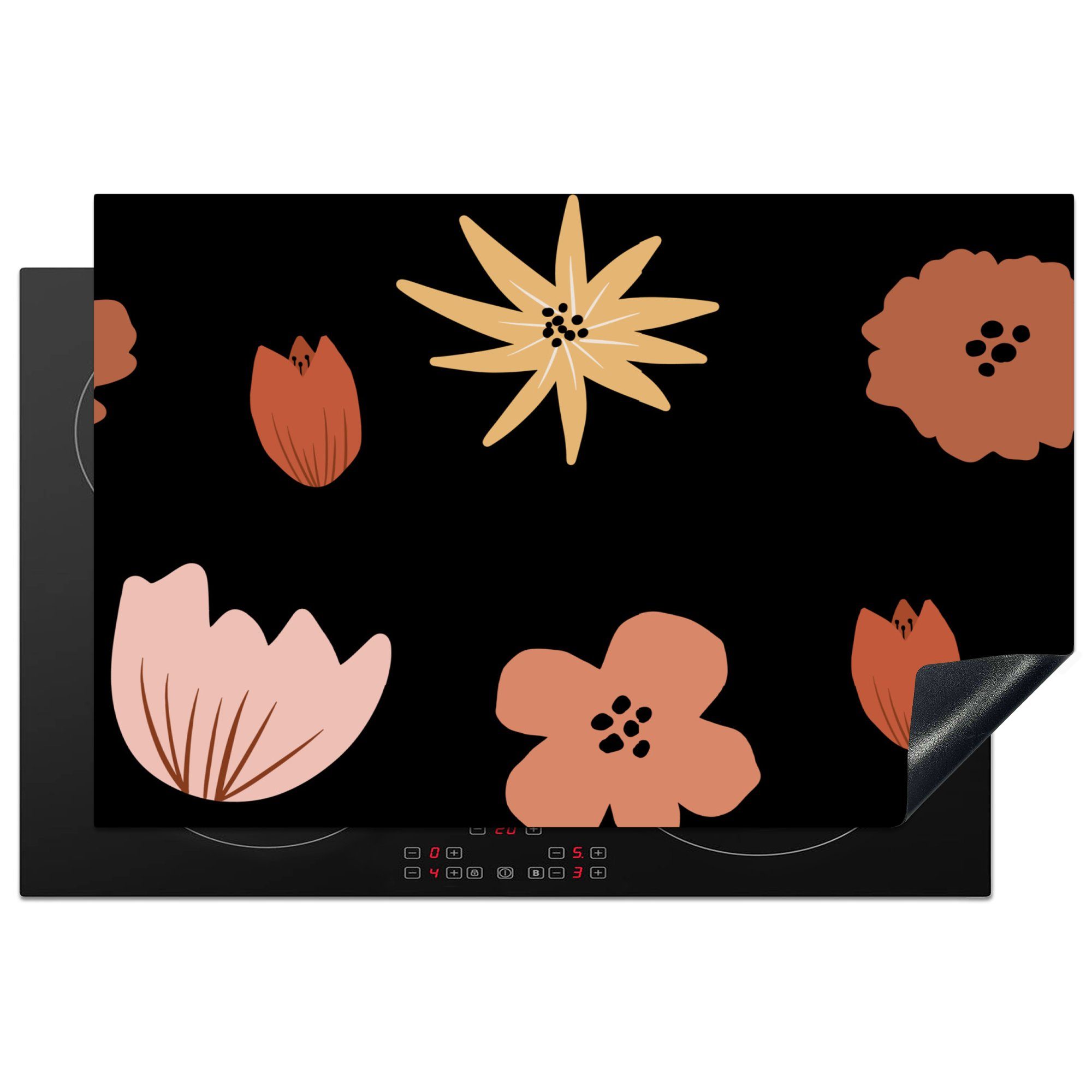 MuchoWow Herdblende-/Abdeckplatte Blumen - Schwarz - Muster, Vinyl, (1 tlg), 81x52 cm, Induktionskochfeld Schutz für die küche, Ceranfeldabdeckung