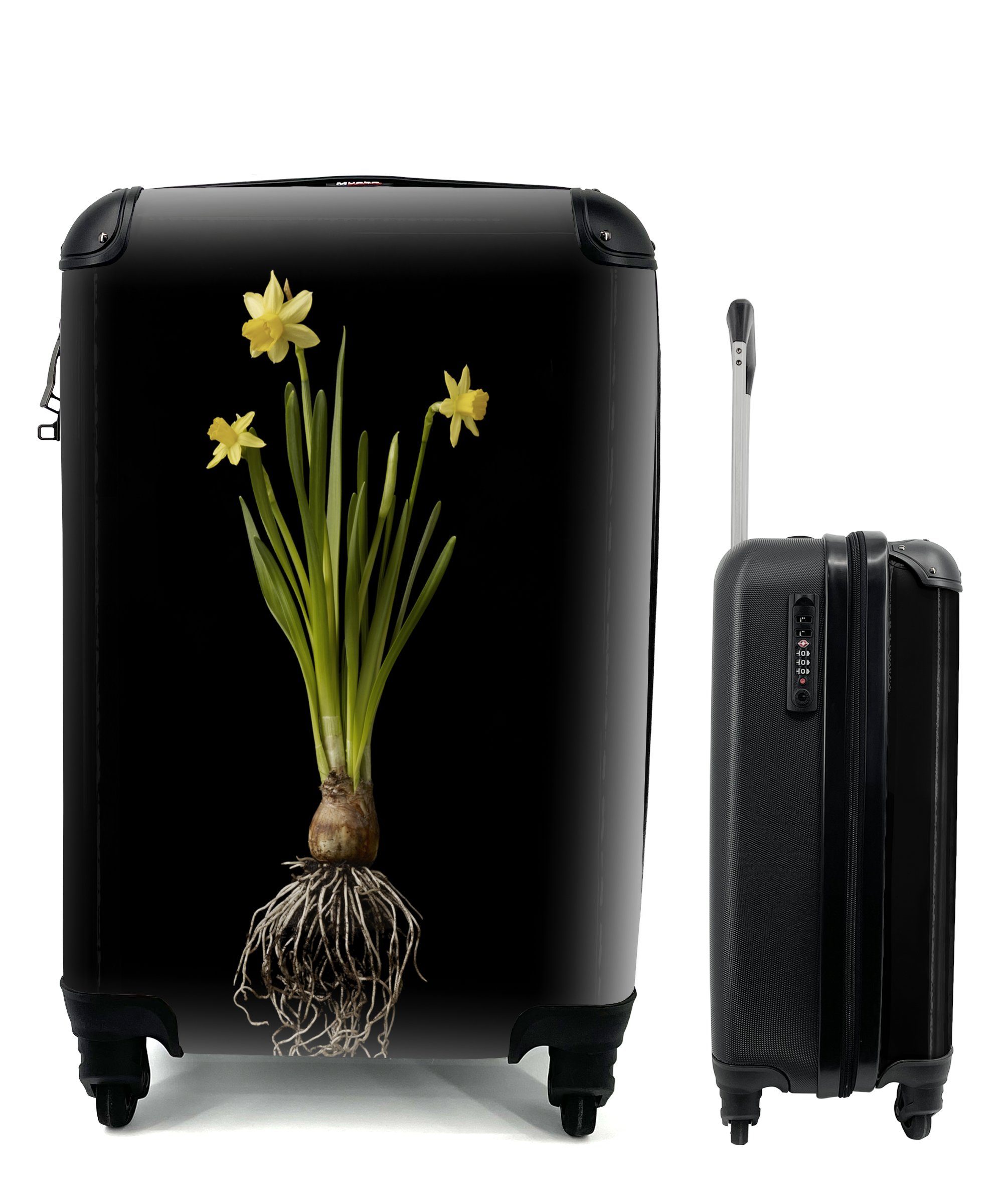 MuchoWow Handgepäckkoffer Eine gelbe Narzisse auf schwarzem Hintergrund, 4 Rollen, Reisetasche mit rollen, Handgepäck für Ferien, Trolley, Reisekoffer
