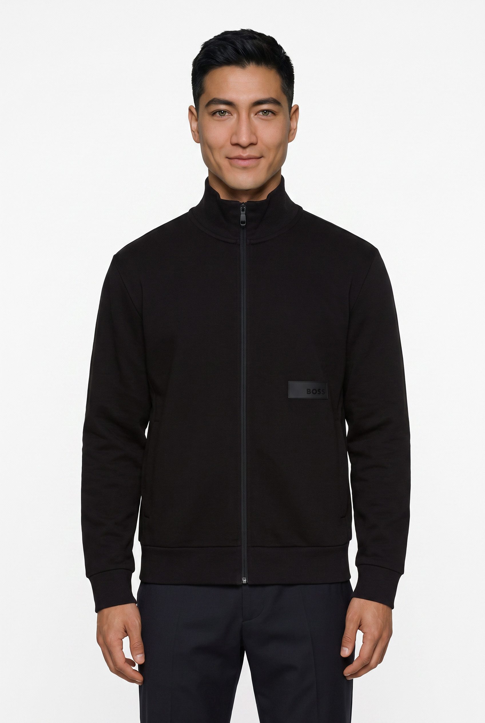 BOSS GREEN Sweatjacke Stehkragen, Relaxed Fit, Rippbündchen
