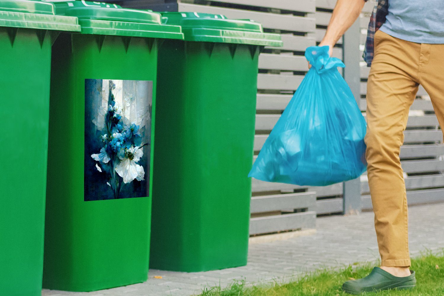 Blumen Farbe - Blumenstrauß - Mülltonne, (1 Blau Container, St), - MuchoWow Abfalbehälter Mülleimer-aufkleber, Sticker, Wandsticker