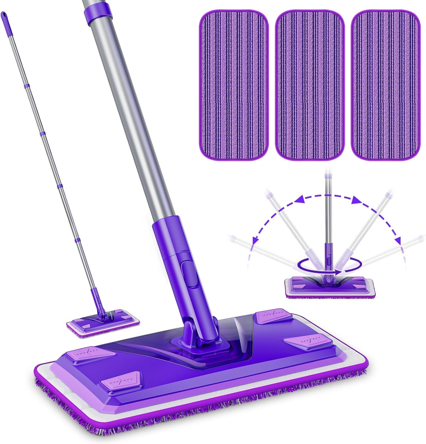 HUGERSTONE Wischmopp Bodenwischer Set mit 3 Ersatzbezug Mikrofaser Pads und Teleskopgriff, (360°-Drehbarer Wischer Boden, Arbeitshöhe 63-140cm), Wischmopp Set Geeignet zur Reinigung aller Bodenarten