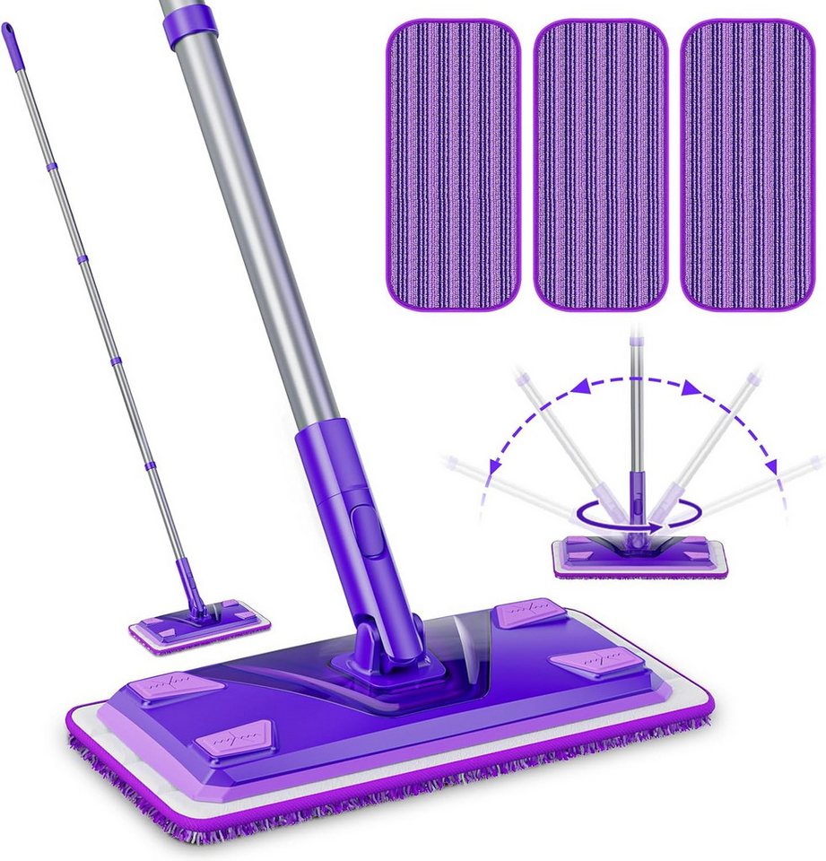 HUGERSTONE Wischmopp Bodenwischer Set mit 3 Ersatzbezug Mikrofaser Pads und Teleskopgriff, (360°-Drehbarer Wischer Boden, Arbeitshöhe 63-140cm), Wischmopp Set Geeignet zur Reinigung aller Bodenarten