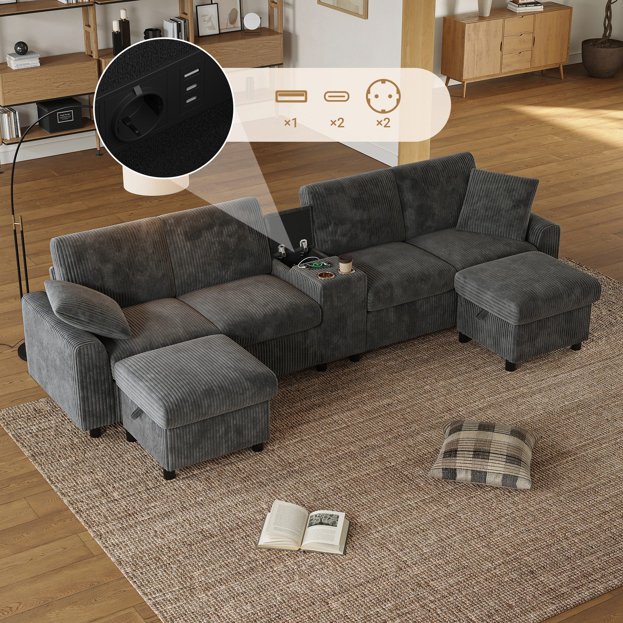 Flieks Sofa 4-Sitzer mit 2 Steckdosen, 1 USB-Anschluss und 2 Type-C-Anschlüssen, mit 2 Getränkehaltern und 2 Zierkissen, B315×H81×T135 cm 3 Teile, U-förmig Polstersofa inkl. 2 Fußhockern mit Stauraum Grau, Corduroy