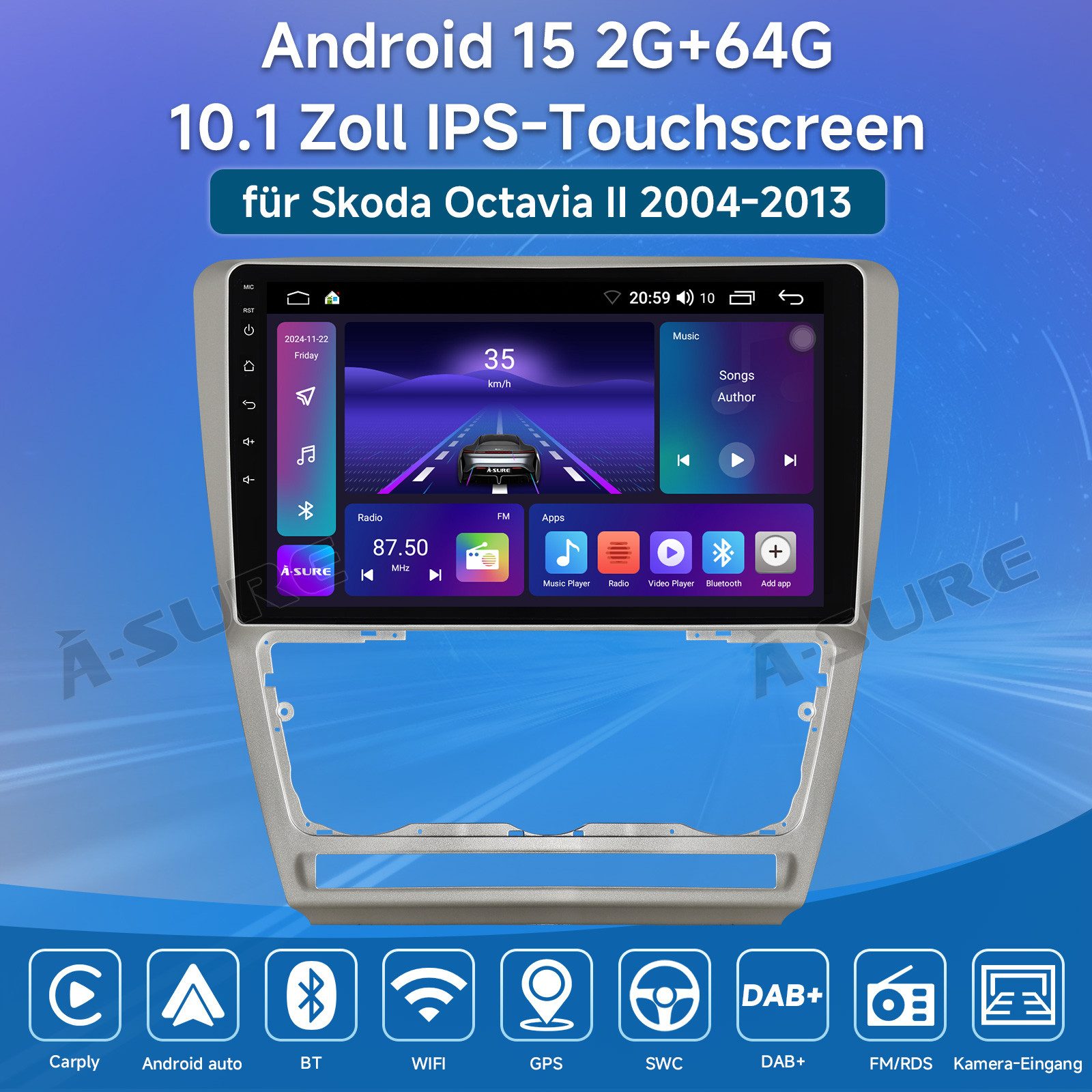 A-Sure Android 15 Autoradio Navi Für Skoda Octavia 2 1Z3 1Z5 2004-2013 Autoradio (DSP, RDS, Android Auto, Digitalradio (DAB), Carplay)
