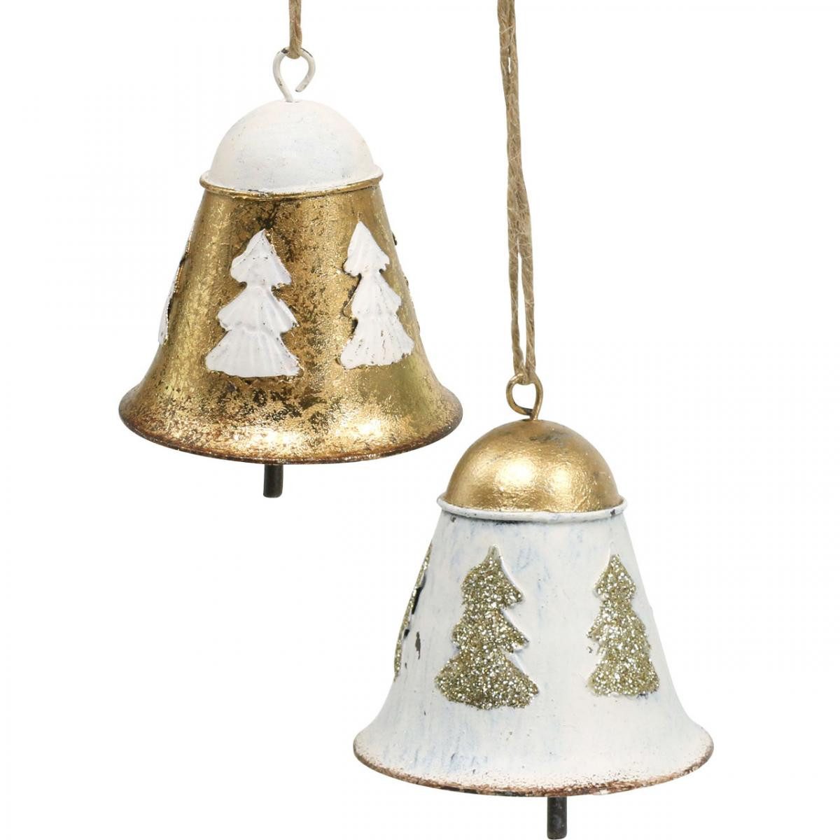 Viana Christbaumschmuck Weihnachtsglocken Vintage Metall Deko Gold Weiß Glöckchen, 2 Stück