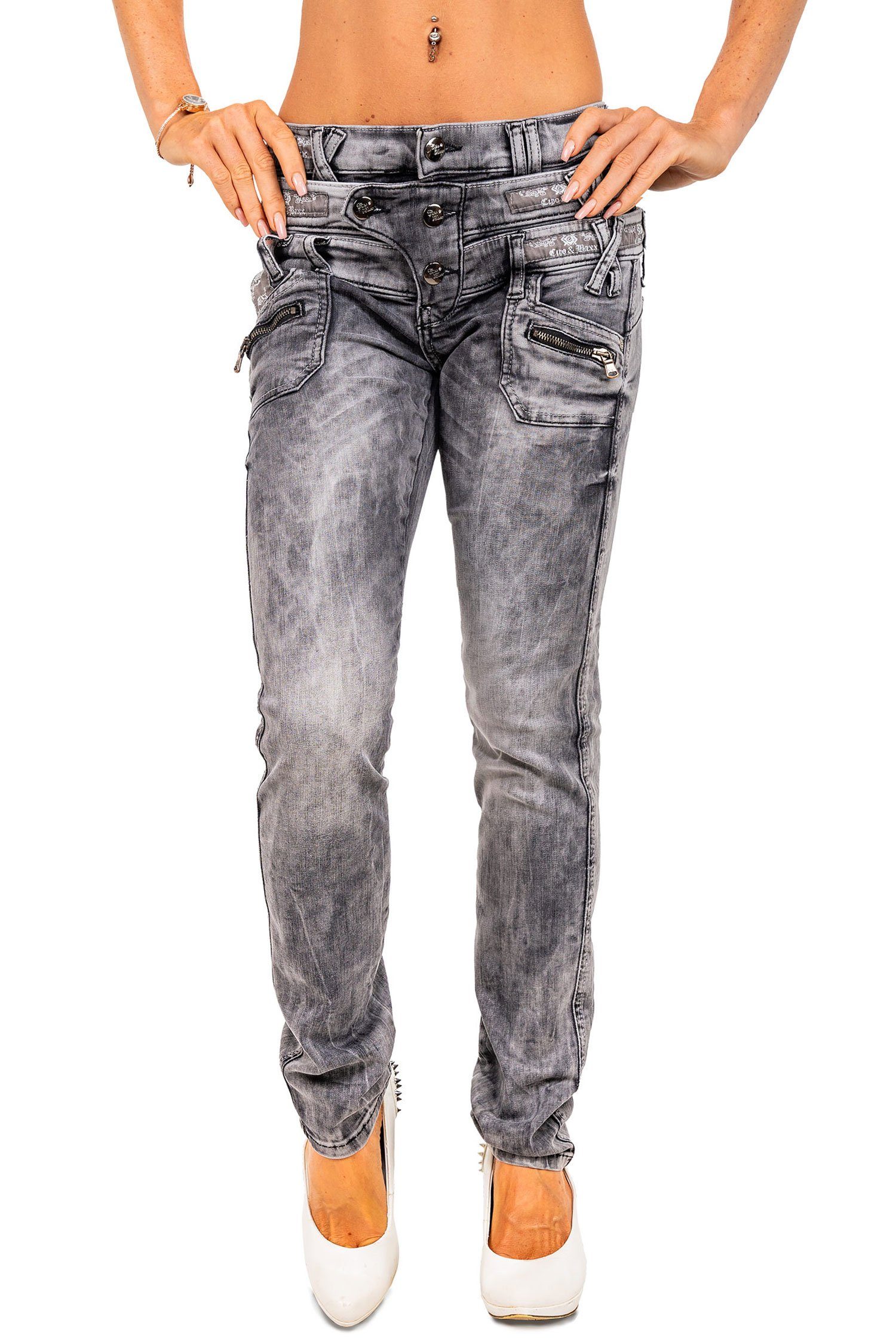Cipo & Baxx Skinny-fit-Jeans Schwarze Hose BA-WD431 in Extravaganter  Doppelbund Optik