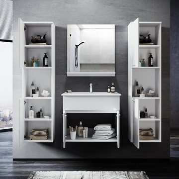 SONNI Badmöbel-Set mit Waschbecken,Unterschrank und Spiegel Badezimmermöbel, mit Hochschrank 4-teilig 60cm Hochglanz Grau/Weiß für kleine Bäder