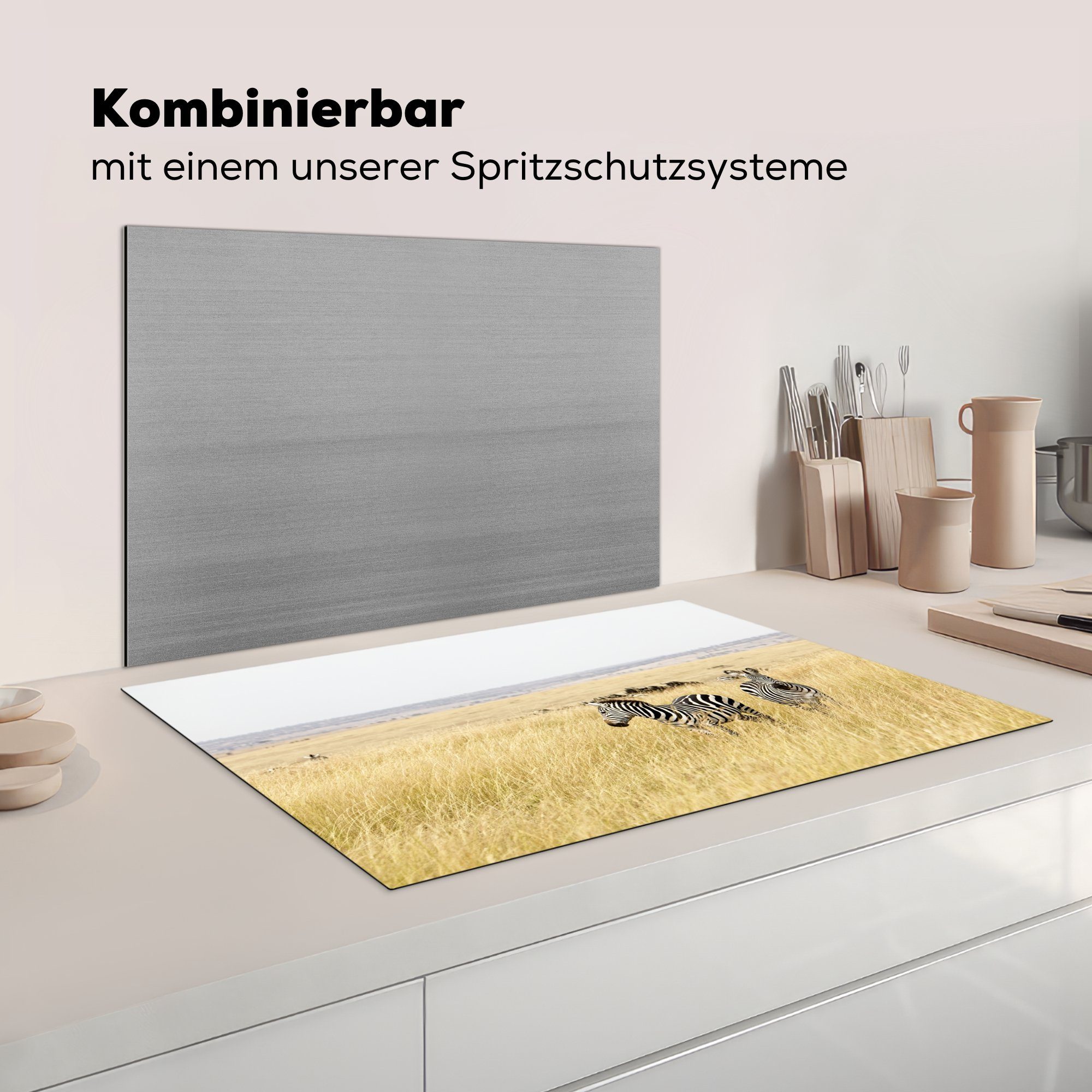 MuchoWow Herdblende-/Abdeckplatte Zebras laufen durch Ceranfeldabdeckung Vinyl, Induktionskochfeld der für die tlg), (1 küche, Schutz das Gras hohe cm, Savanne, 81x52