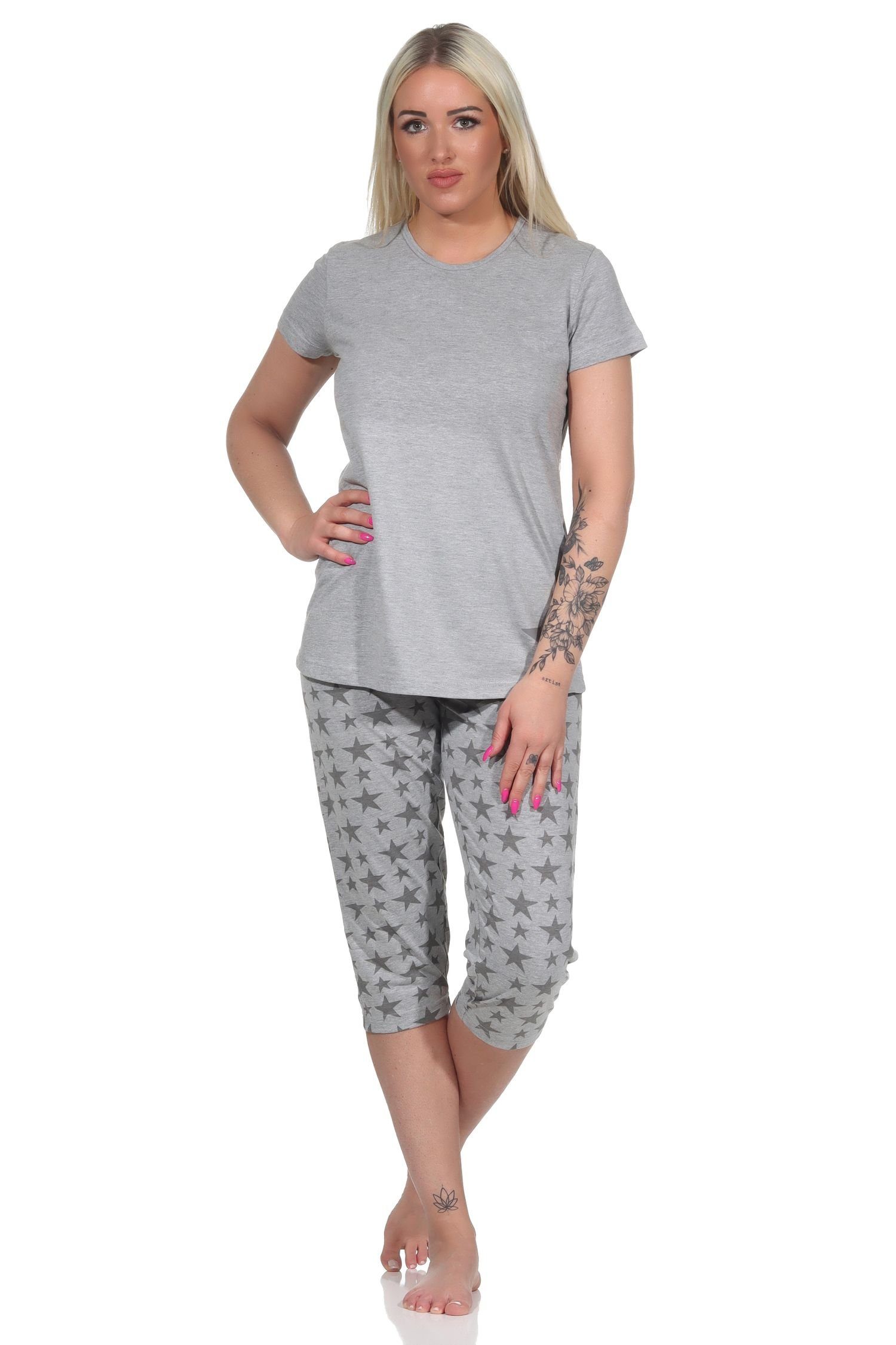 Normann Pyjama Damen Capri Pyjama, Schlafanzug mit Sternen - 112 204 10 735 grau