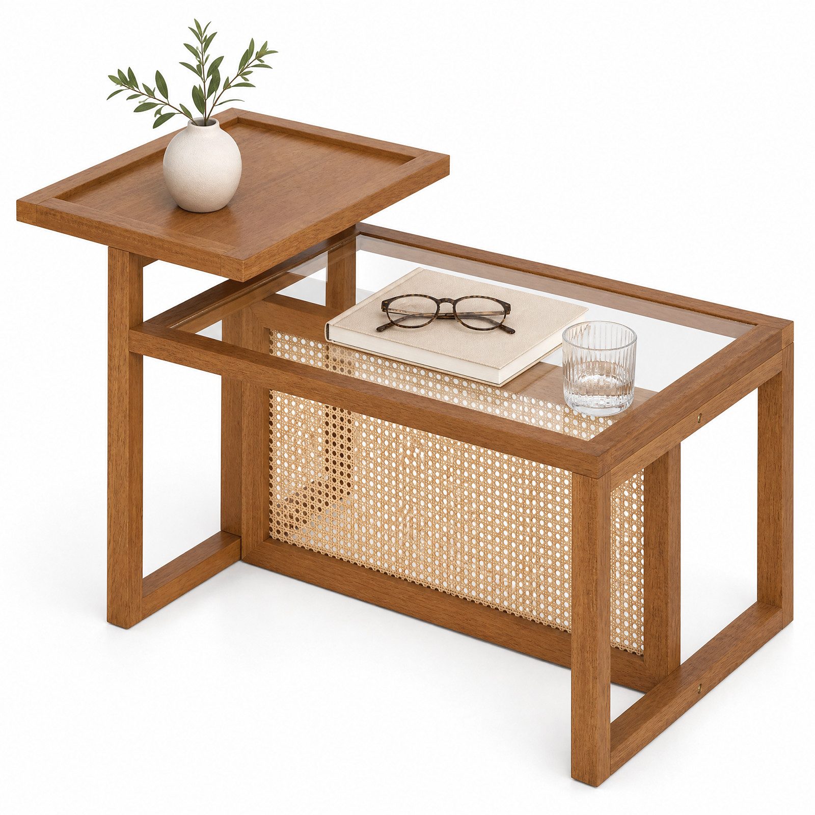 KOMFOTTEU Couchtisch Beistelltisch Wohnzimmertisch Kaffeetisch, mit 2 Ebenen, aus Rattan