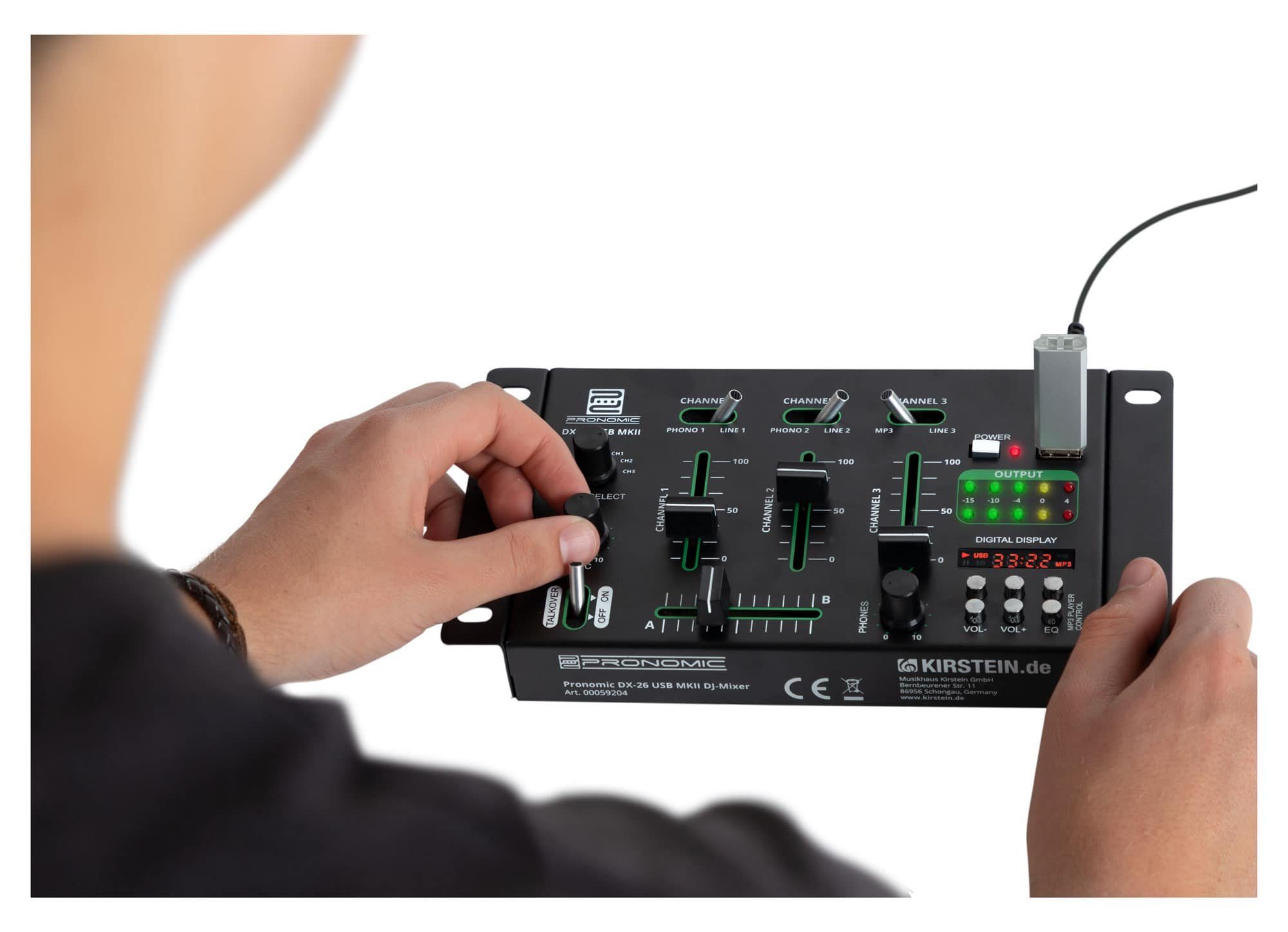 Pronomic DJ Controller DX-26 USB MKII DJ-Mixer - 3-Kanal Mischer mit Cue-Funktion, (Talkover-Funktion), MP3-Player - 2x Line/Phono - 2x Mikrofonanschluss