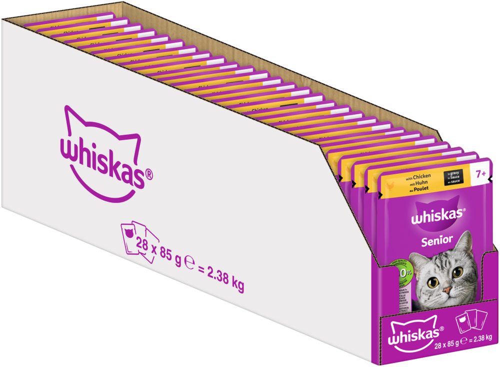 Whiskas WHISKAS® Portionsbeutel 7+ mit Huhn in Sauce 28 x 85g, Nassfutter für: Katze