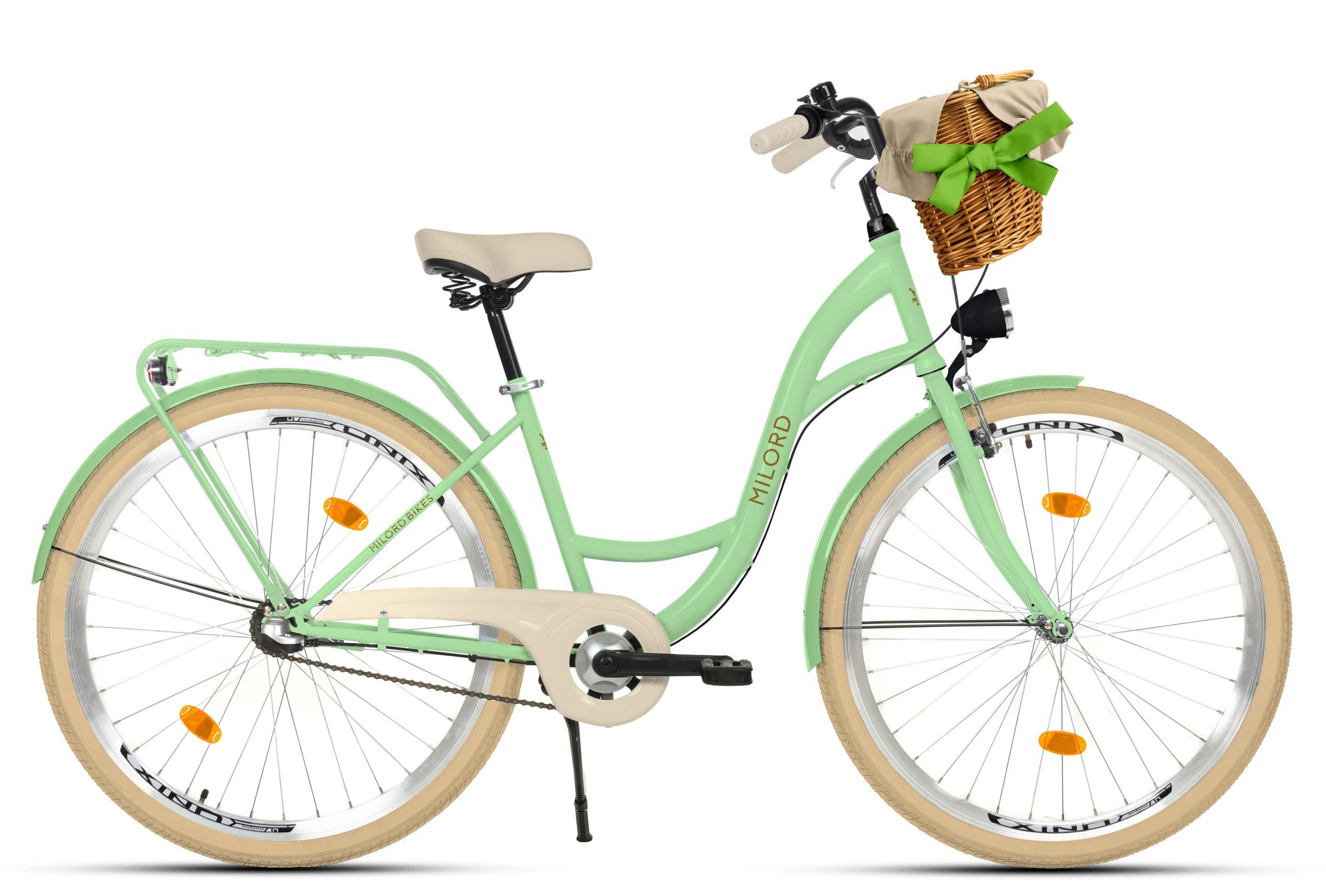 Milord Cityrad Milord City Damenfahrrad Weidenkorb 28/26 Zoll, Mintze-Creme, 3-Gang, 3 Gang, (Fahrradständer, Gepäckträger, Klingel, Korb, Kotflügel)