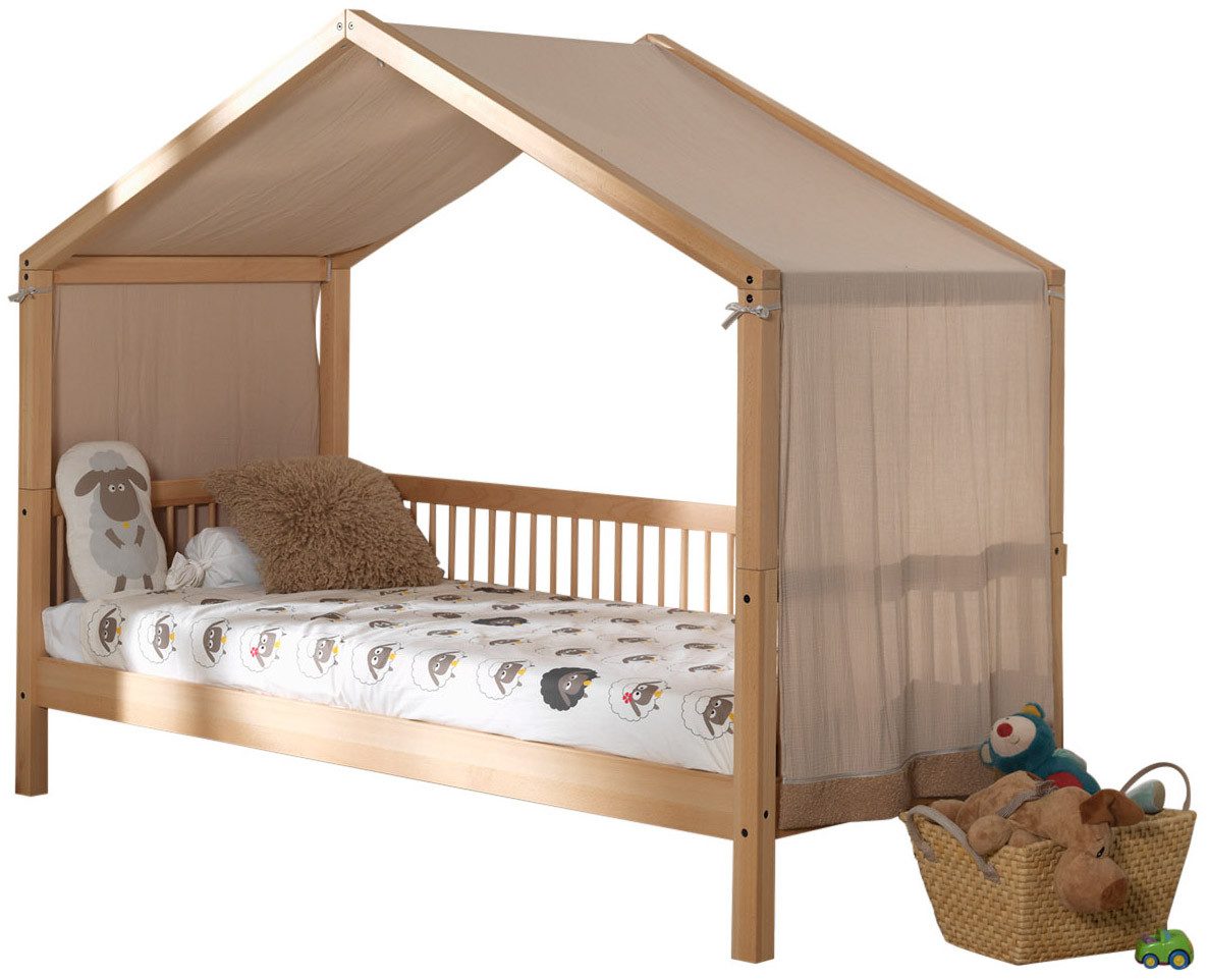 Vipack Hausbett Forrest mit hochwertiger und stabiler Verarbeitung, Made in Europe (Buche massiv natur, 90/200 cm, inkl. Massivholz Rolllattenrost), wahlweise ohne oder mit Textilhimmel oder Rausfallschutz