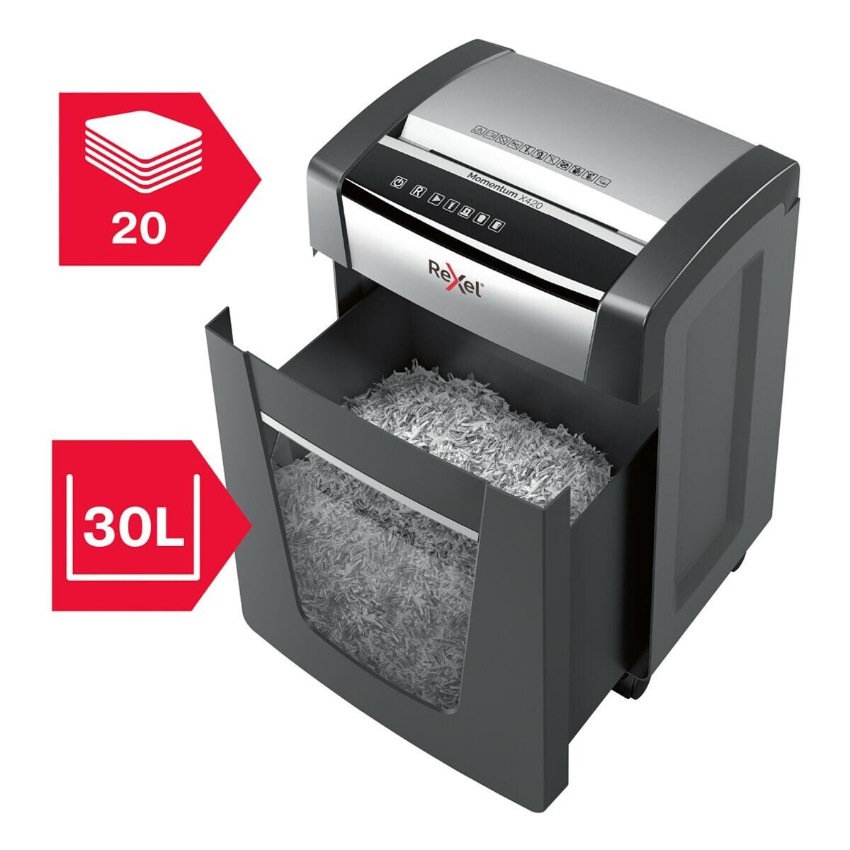 REXEL Aktenvernichter Momentum X420, Shredder, Partikelschnitt 4x40 mm, bis 20 Blatt, 30 Liter