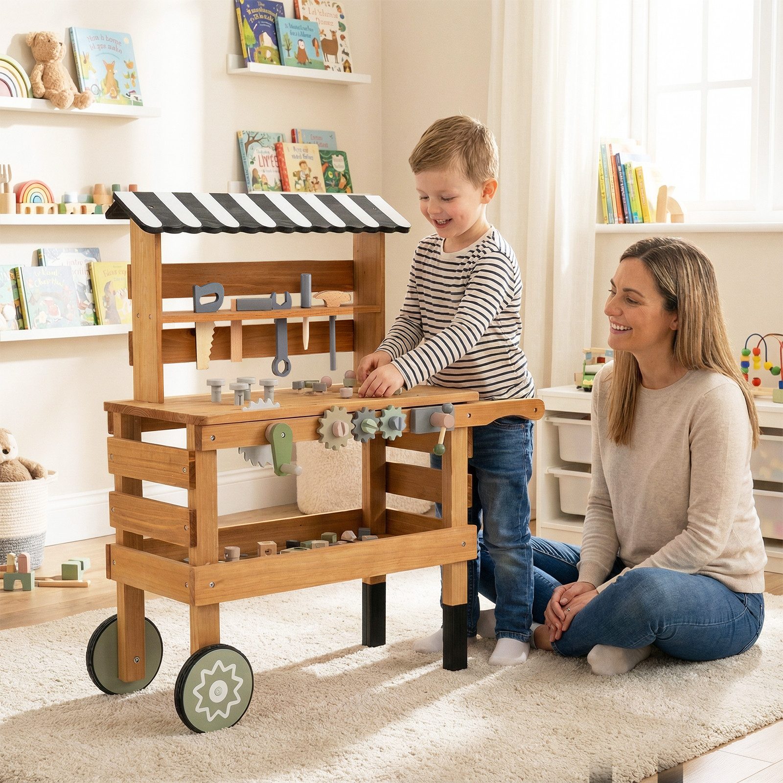 COSTWAY Spielwerkbank, 2-in-1 Kinderwagen mit realistischen Werkzeugen & Zubehör