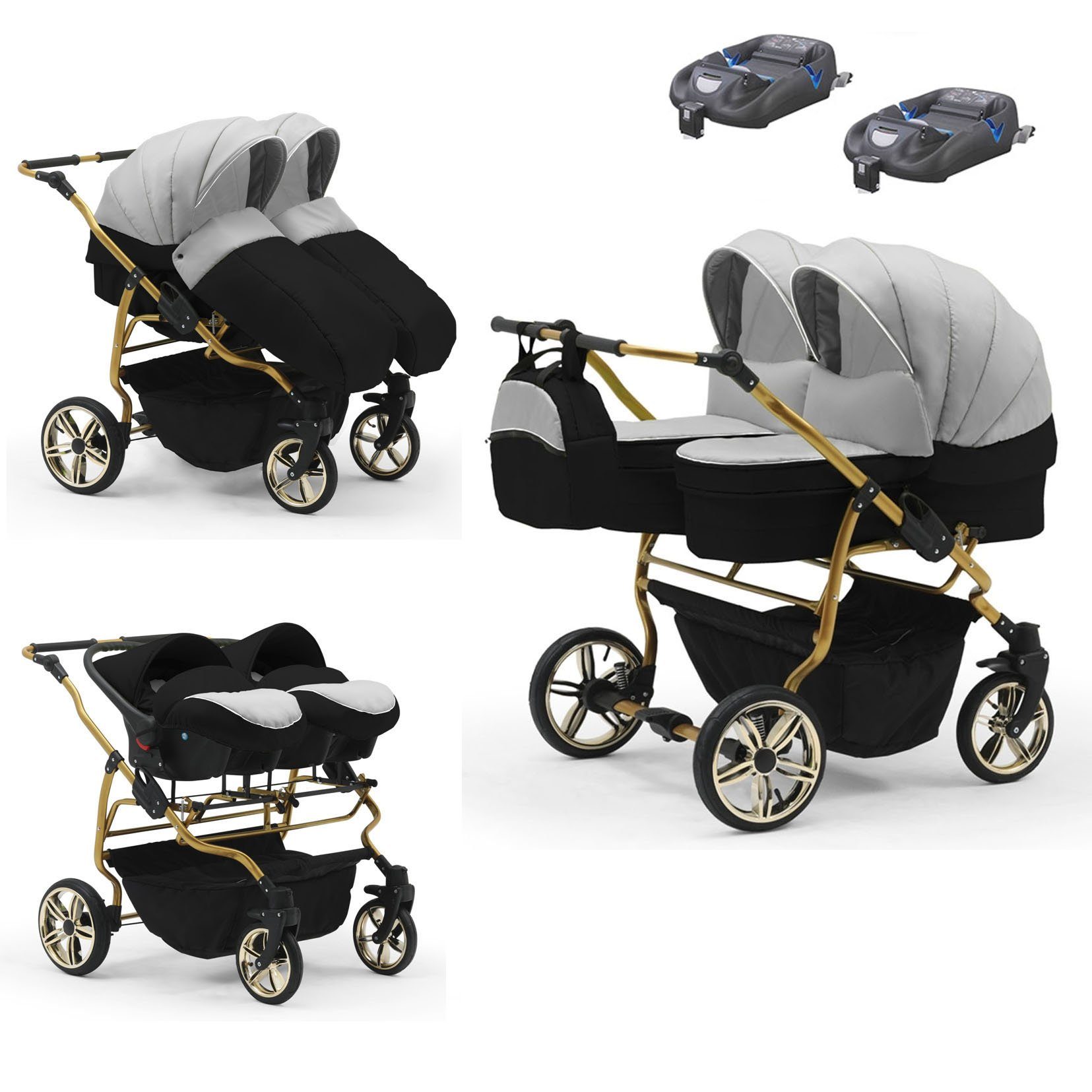 babies-on-wheels Zwillingswagen Zwillingswagen Duet Lux Gold 4 in 1 - 15 Teile - in 33 Farben Silber-Schwarz