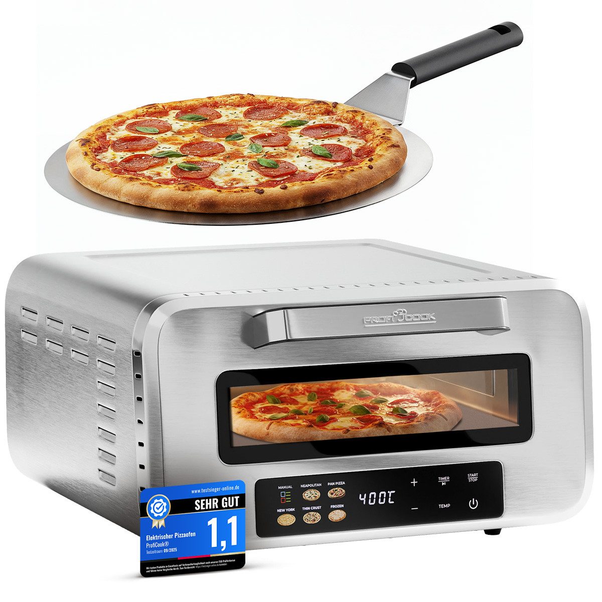 ProfiCook Pizzaofen PC-PO 1323, Pizzaofen elektrisch, 400°C, echter Pizzastein