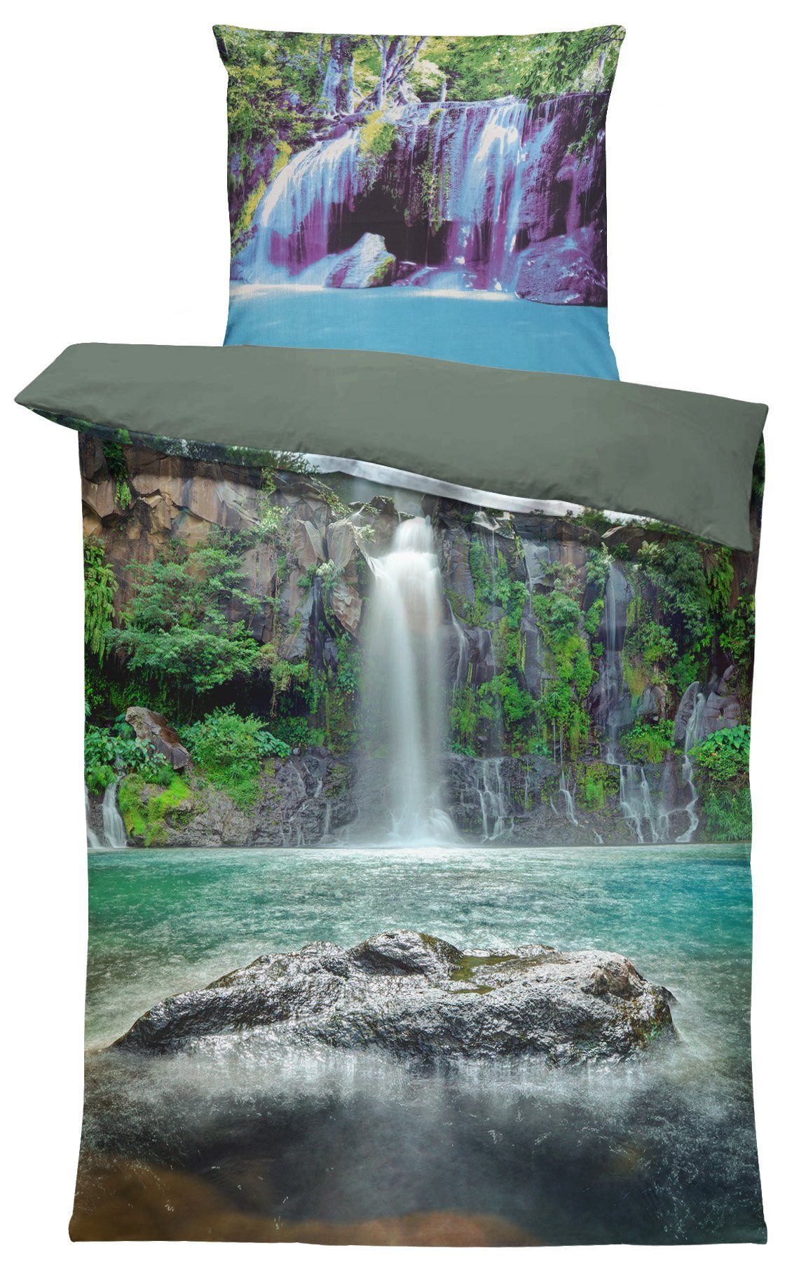 One Home Bettwäsche Lagune, Mikrofaser, 2 teilig, Tropisch mit Wasserfall