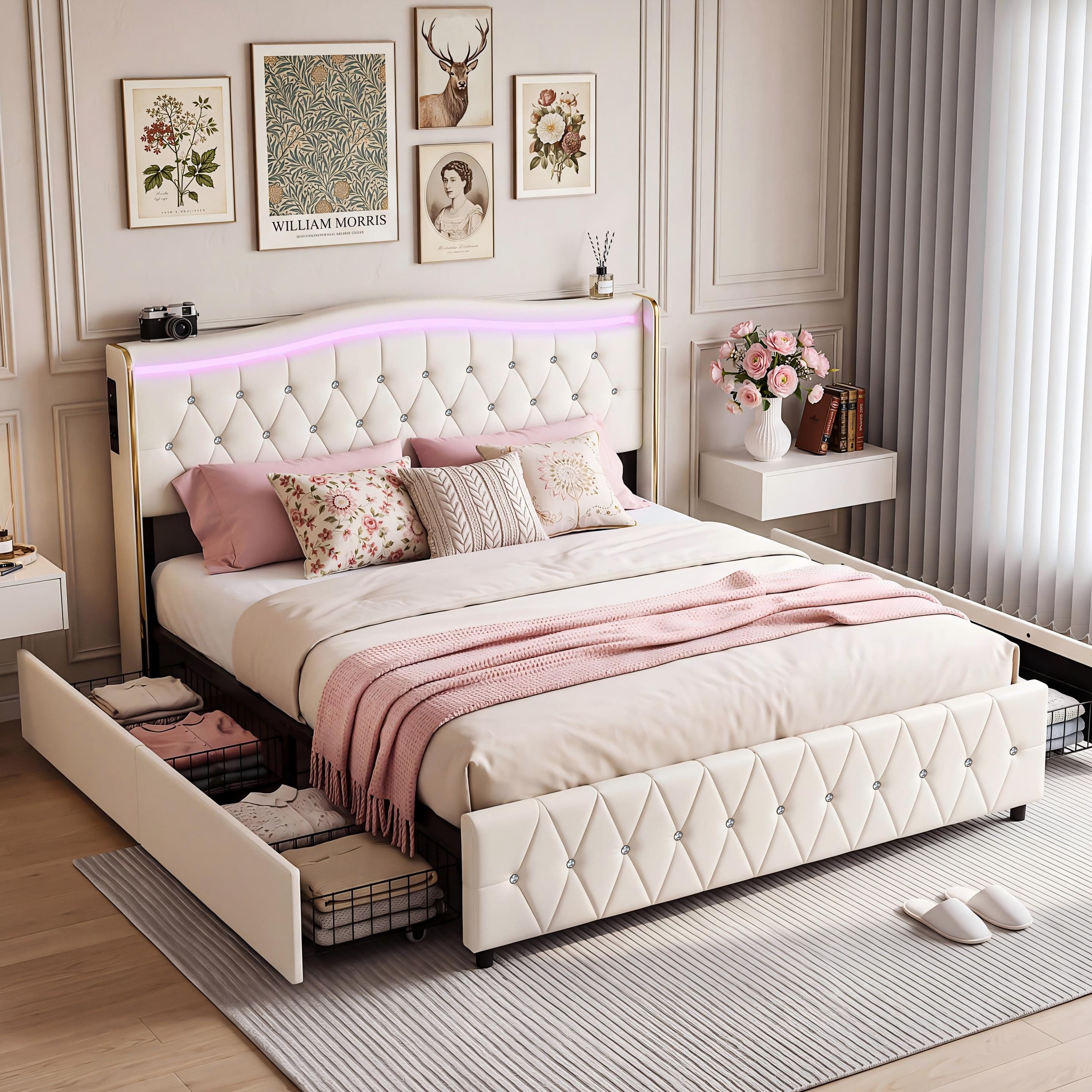 oyajia Polsterbett LED Doppelbett Stauraumbett mit Kopfteil und 4 Schubladen (Mit Lattenrost und Ladefunktion, PU-Leder materia Polsterbett), mit Komforthöhe, Leises Design Bett