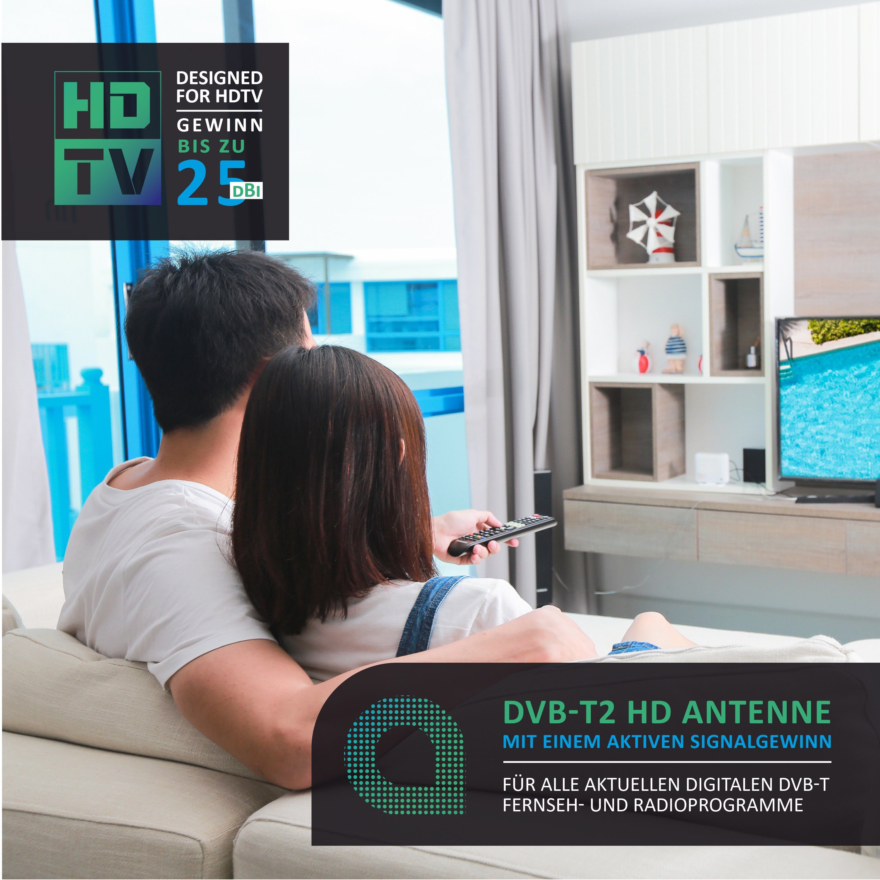 Aplic DVB-T2 HD Antenne aktiv, Digitale HDTV Zimmerantenne Verstärkerantenne Stabantenne (DVB-T, DVB-T2, für Innenbereich), 4 m Kabel USB und Koaxialstecker inkl. USB Netzteil
