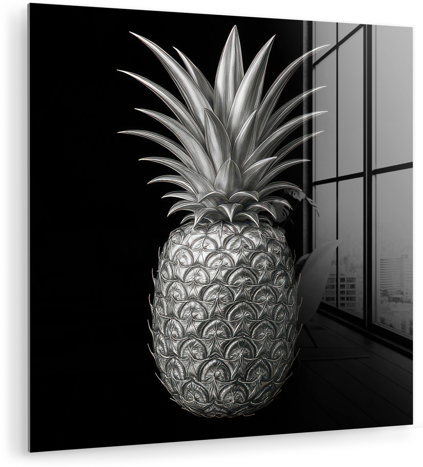 MuchoWow Acrylglasbild Ananas - Detailliert - Blätter, Inkl. Aufhängung, Bilder auf Glas Wandbild, Wanddeko Wohnzimmer Badezimmer, 20x20 cm