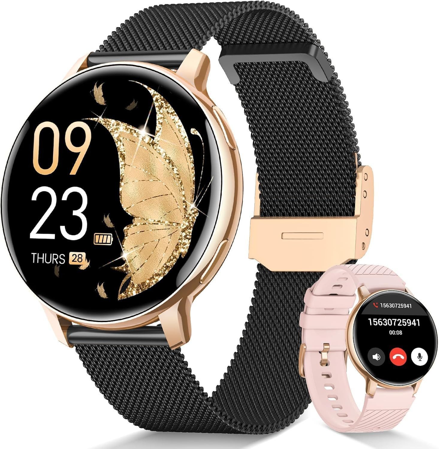 Whraills 2026 NEW Smartwatch Damen Fitnesstracker Uhr mit Anrufe,Pulsuhr,SpO2 Smartwatch (3.53 cm/1,39 Zoll, HD Touchscreen), Smartwatch für Damen mit Blutdruck,Schlafmonitor,Zyklus,2 Armbänder