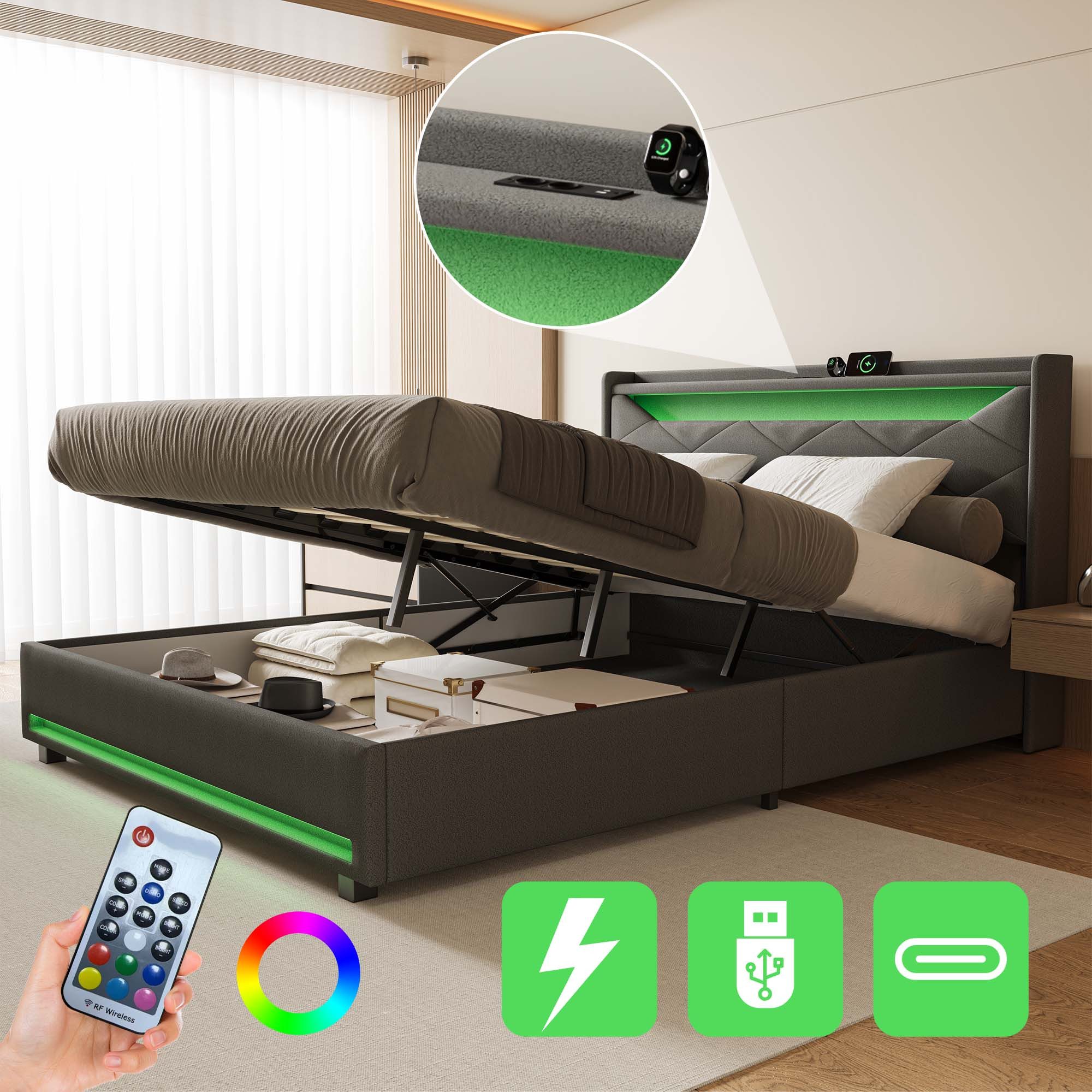 FUROKOY Polsterbett Doppelbett Stauraumbett mit USB+Type günstig online kaufen