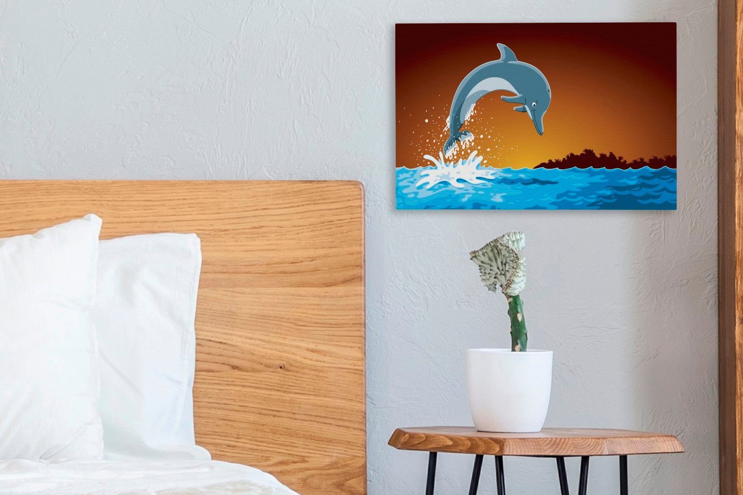 Wanddeko, Delfin Aufhängefertig, St), - - Wasser Wandbild 30x20 Sonnenuntergang, Leinwandbild OneMillionCanvasses® Leinwandbilder, cm (1