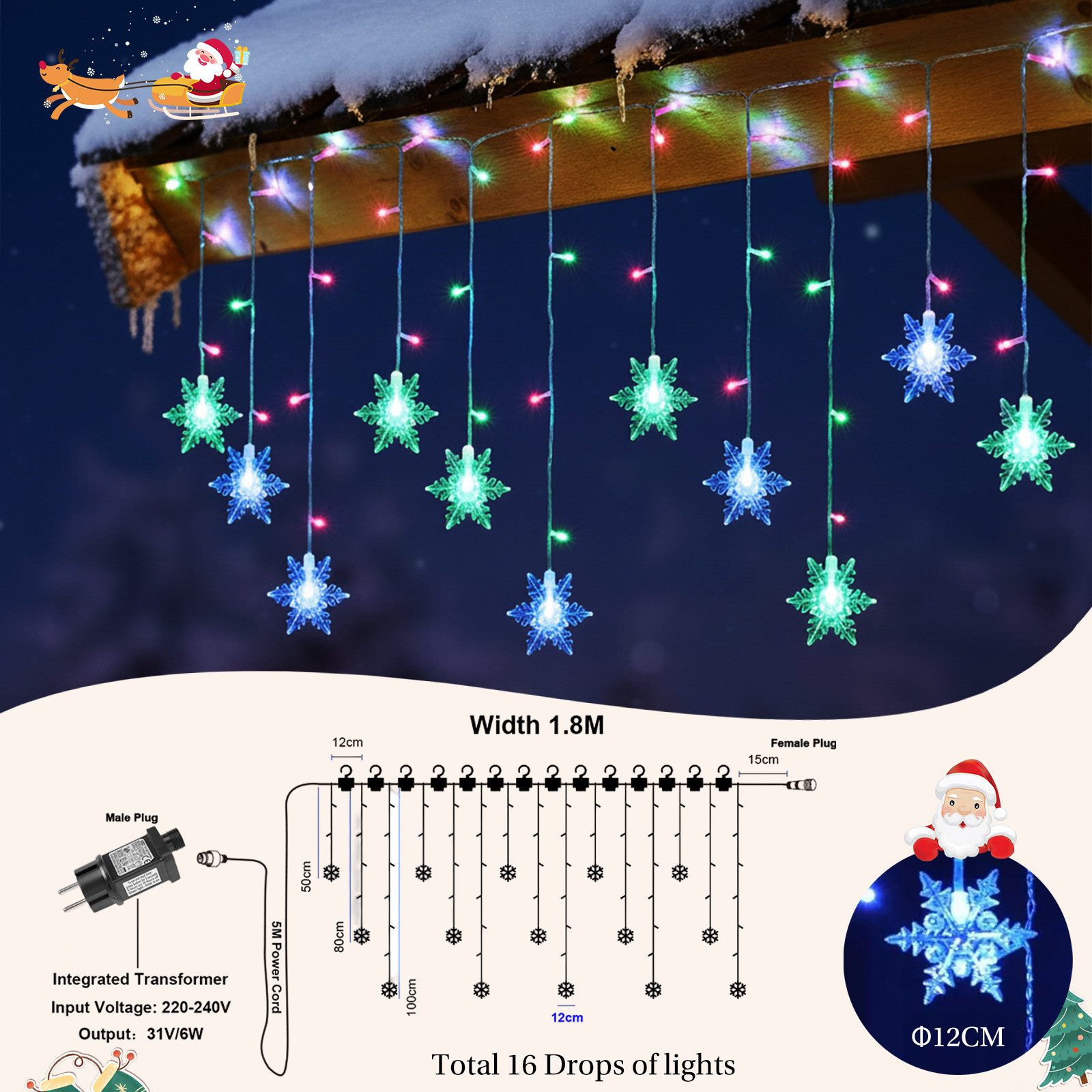 Rosnek LED-Lichtervorhang 12cm Schneeflocke Weihnachtsbeleuchtung, 8 Modi, Timer, anschliessbar, Speicherfunktionen; Wohnzimmer Deko