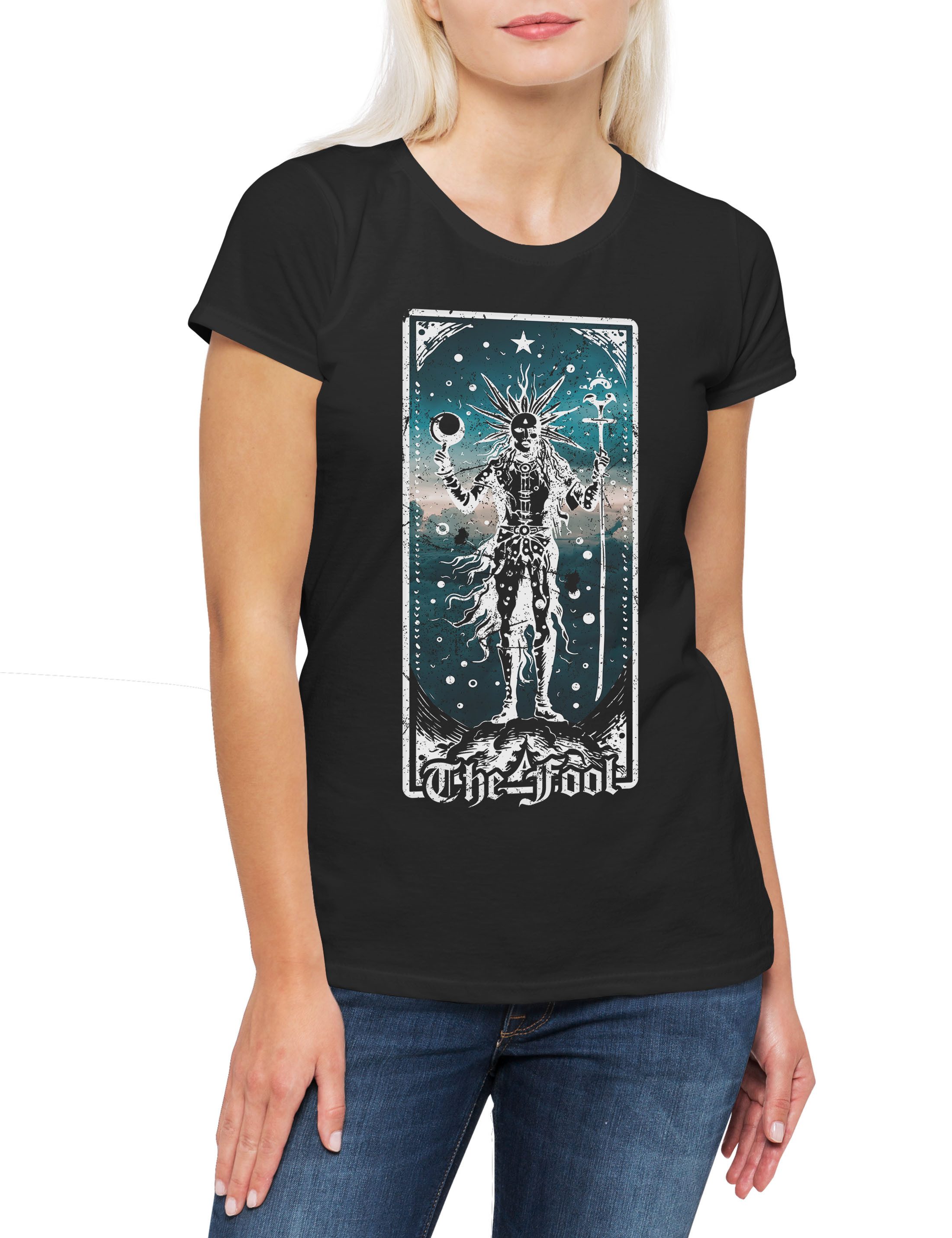 Print-Shirt Tarot B The Fool Damen T-Shirt Set Card Karte Deck Arcana Voodoo Major