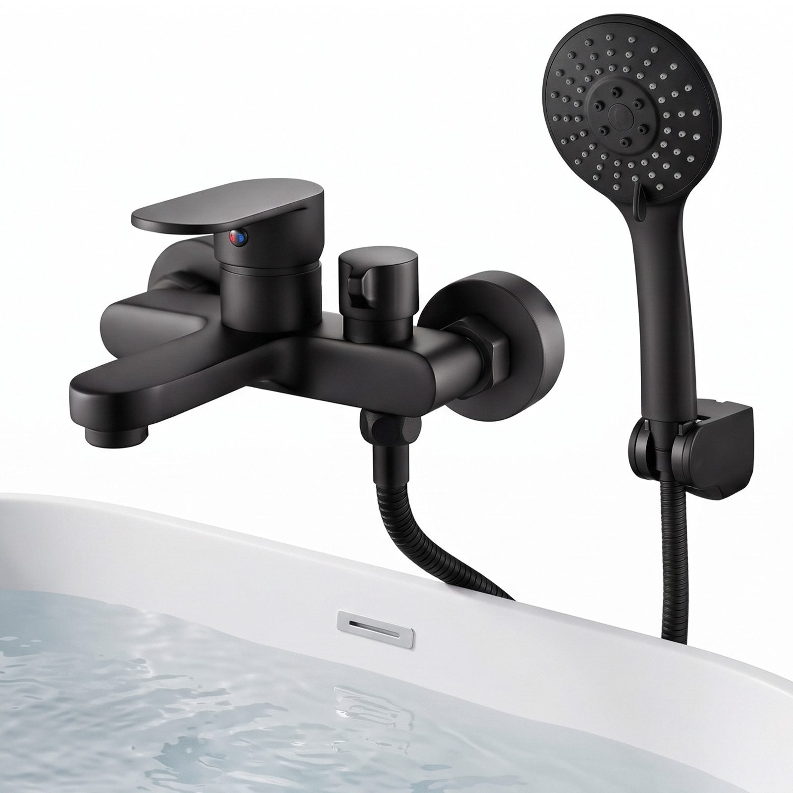 AKKEE Brausegarnitur Badewannenarmatur Mischbatterie Badewanne mit Brause Wannenarmatur, Wannenarmatur Schwarz Matt 3 Funktionen, Duscharmatur Set 150mm
