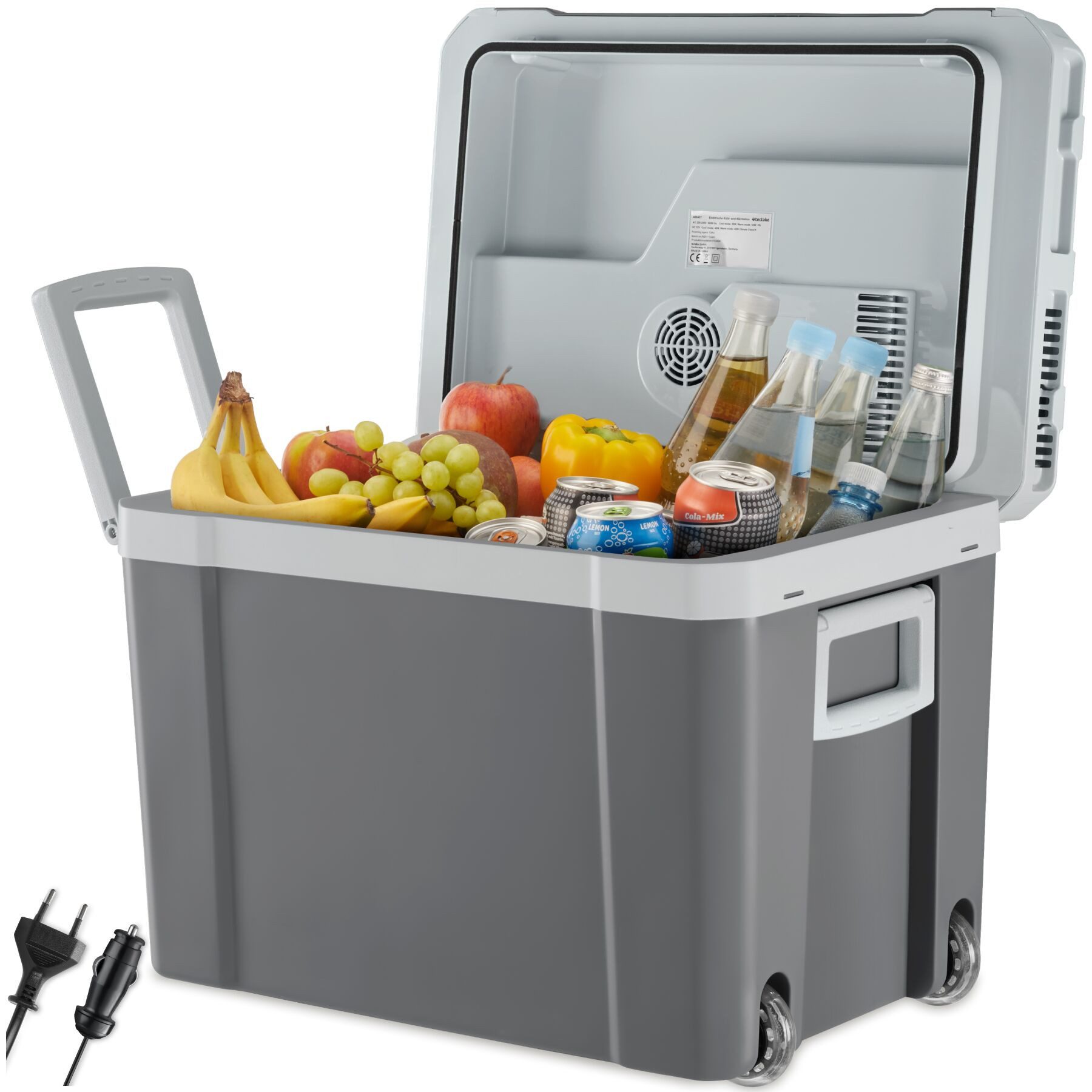 tectake Kühlbox Elektrische Kühl- und Wärmebox, leicht und leise, mit ECO-Modus, 35 l, mit Rollen, klappbare Tragegriffe, Steckdosen- und Autoanschluss