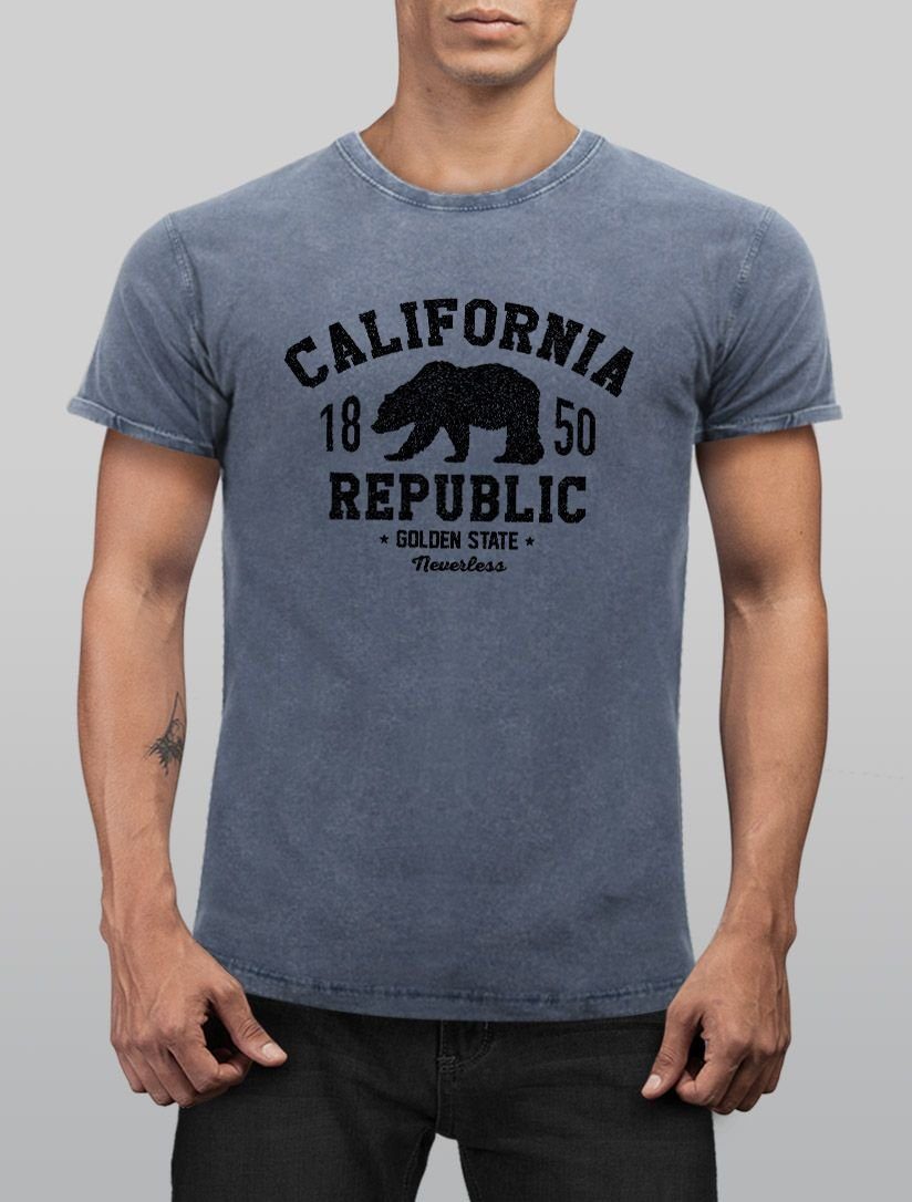 State Look Bear Printshirt Print-Shirt Shirt blau Fit Republic T-Shirt Slim Golden mit Vintage Print Bär Herren Neverless Used Neverless® California Logo Kalifornien Grizzly