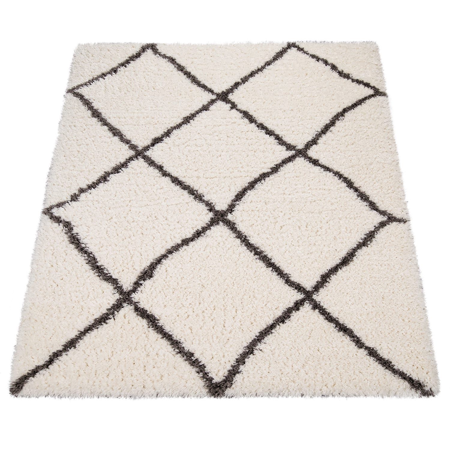 KADIMA DESIGN Teppich Rautenmuster Schlafzimmer schmutzabweisend Hochflor Teppich Shaggy, Rechteckig, Höhe: 54 mm, Florhöhe: 50 mm, 100% Polyester, 60x90cm, Creme