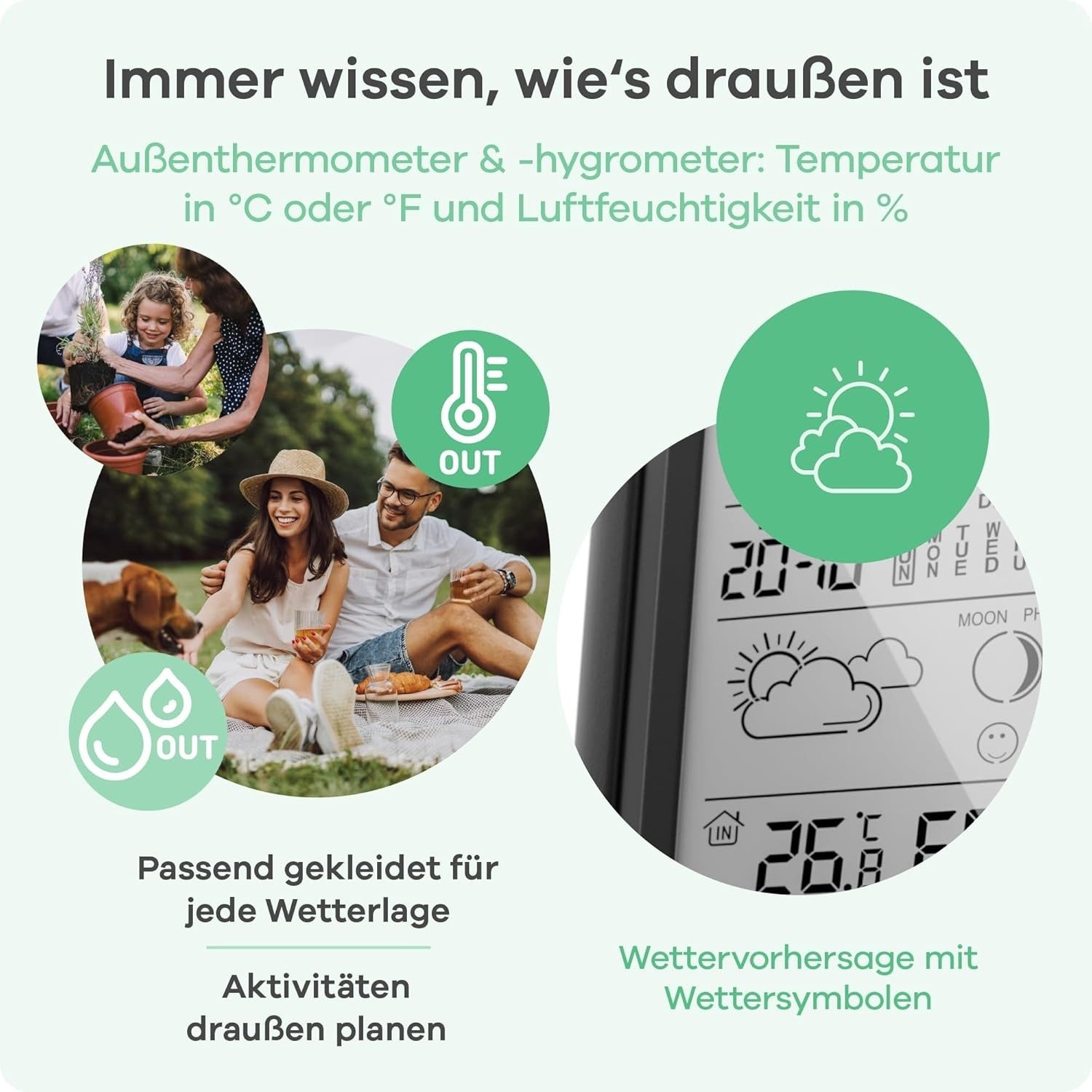 Mebus Wetterstation Außensensor Funkuhr Mondkalender Wecker Schwarz Funkwetterstation