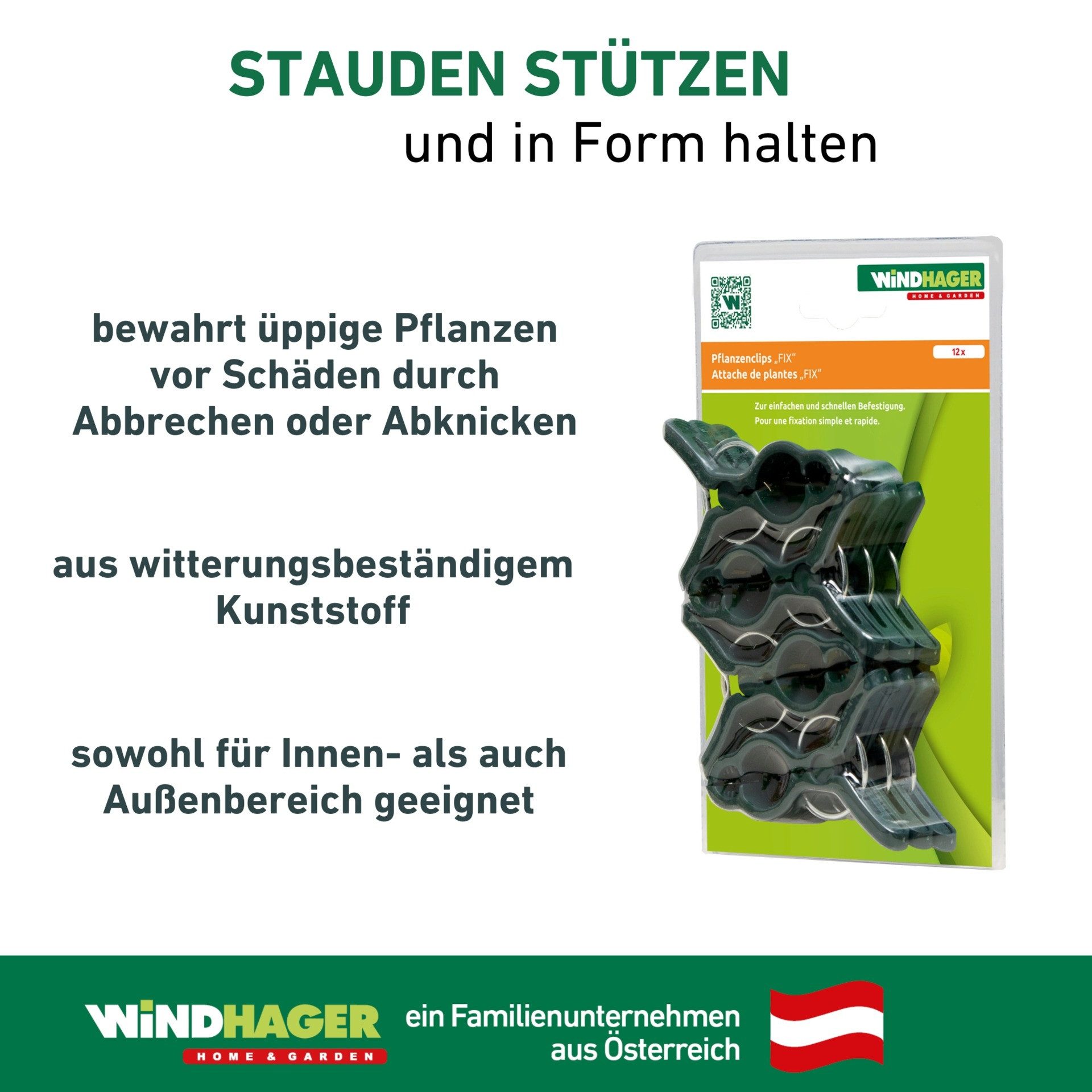Windhager Rankhilfe Pflanzenclips Fix zum befestigen von Ästen, Pflanzklammern 12 Stk. Packung, 12 St., Pflanzenhalter 7,5 x 5 cm, grün