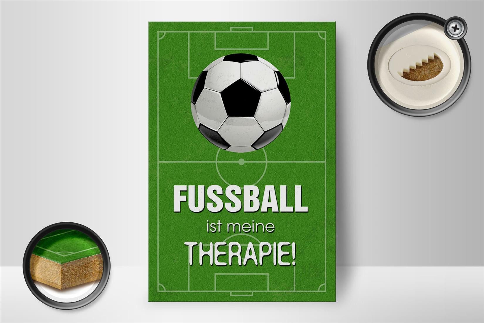 Femer GmbH Holzbild Spruch 12x18 cm Fußball ist meine Therapie, Camping Sport Hobby Freizeit, Sprüche Zitate Lustiges (1 St), Glatte Holzfaserplatte (MDF), vorn beschichtet