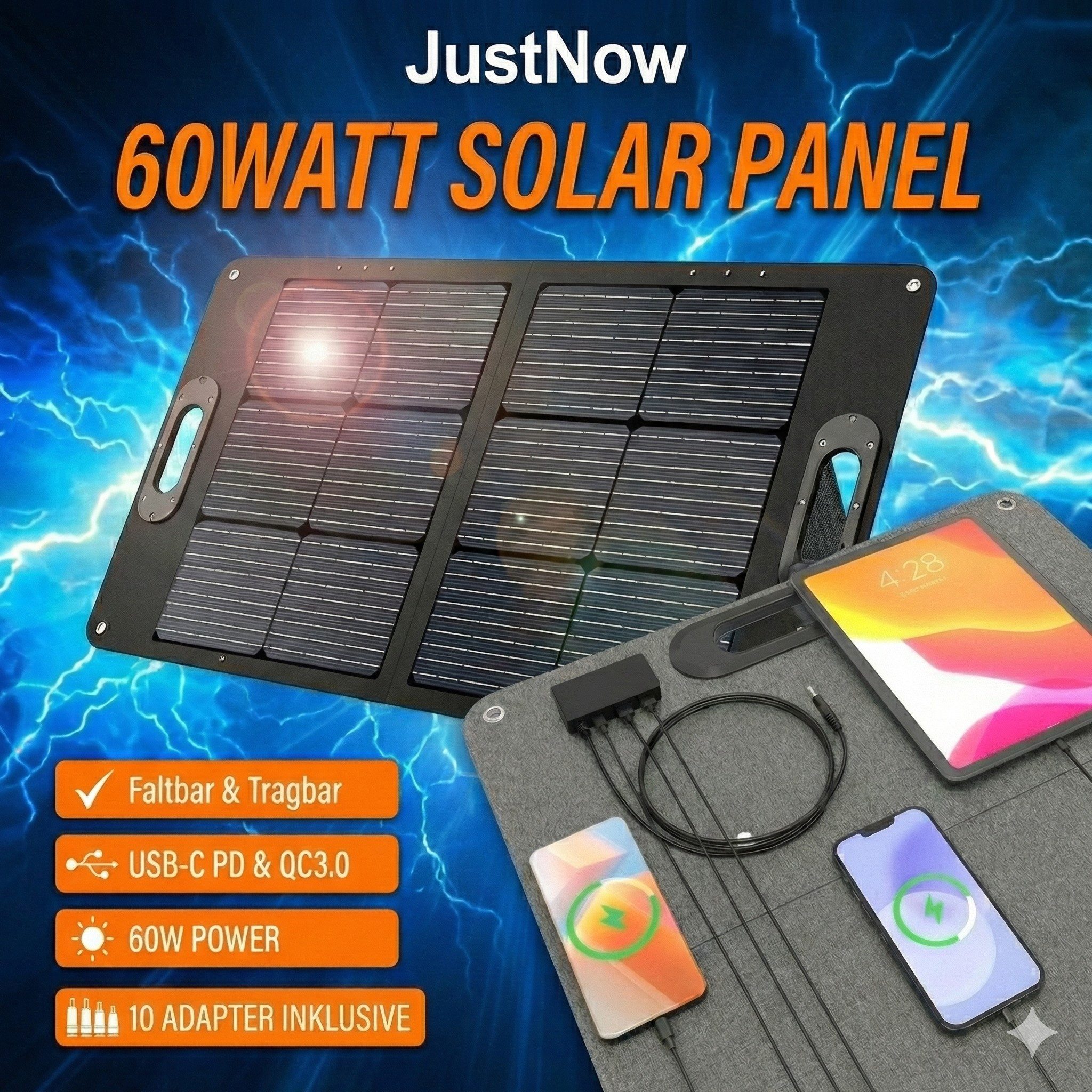 JustNow Solarmodul SP60 60W faltbares Solar Panel inkl. 10x Adapter / USB / USB-C Laden