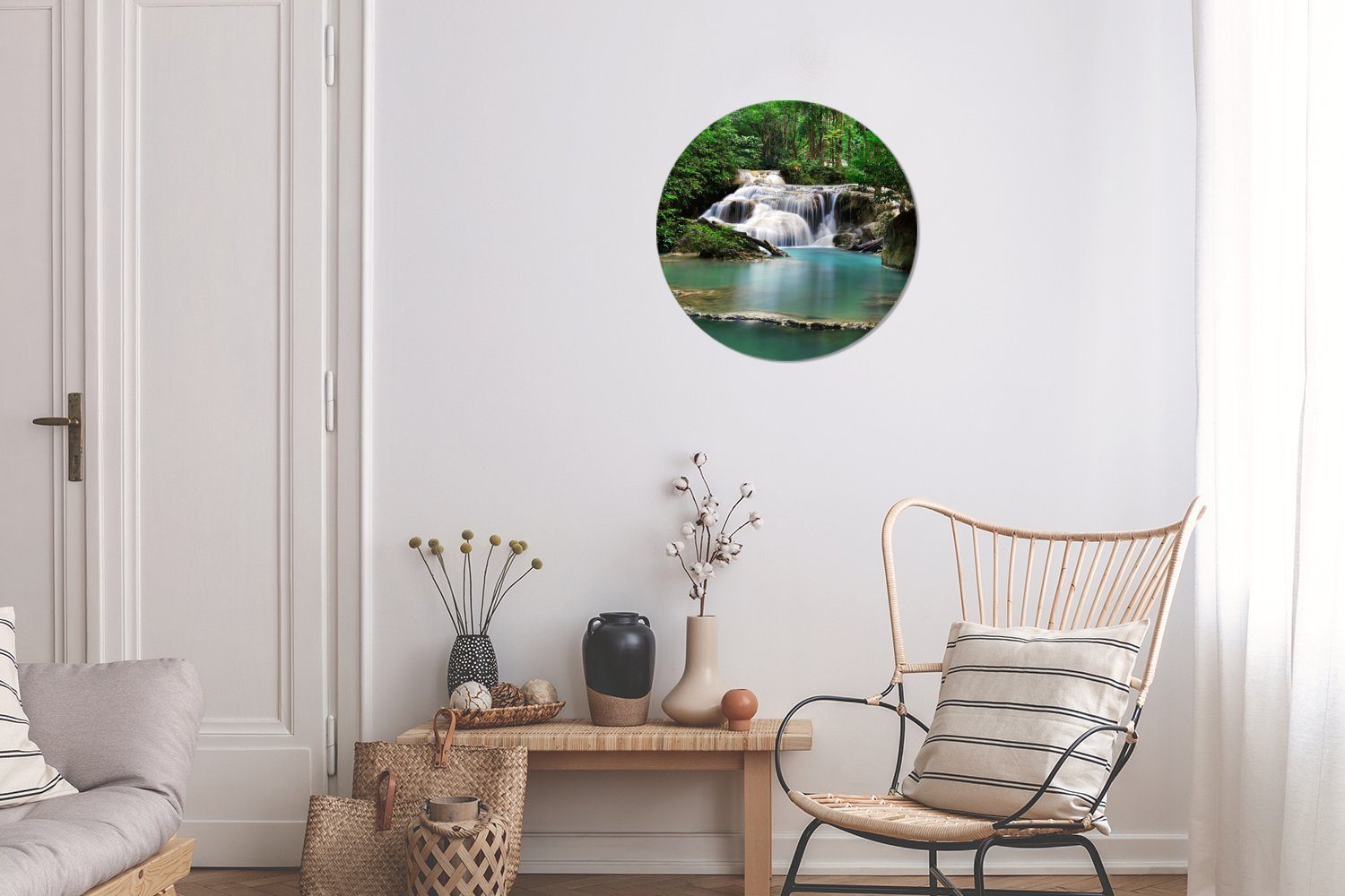 Gemälde Wasserfall Wohnzimmer, MuchoWow St), (1 Thailand, Kreis Bäumen Erawan-Nationalpark im Wandbild, cm in Rundes Wanddekoration 30x30 Forex, mit Ein
